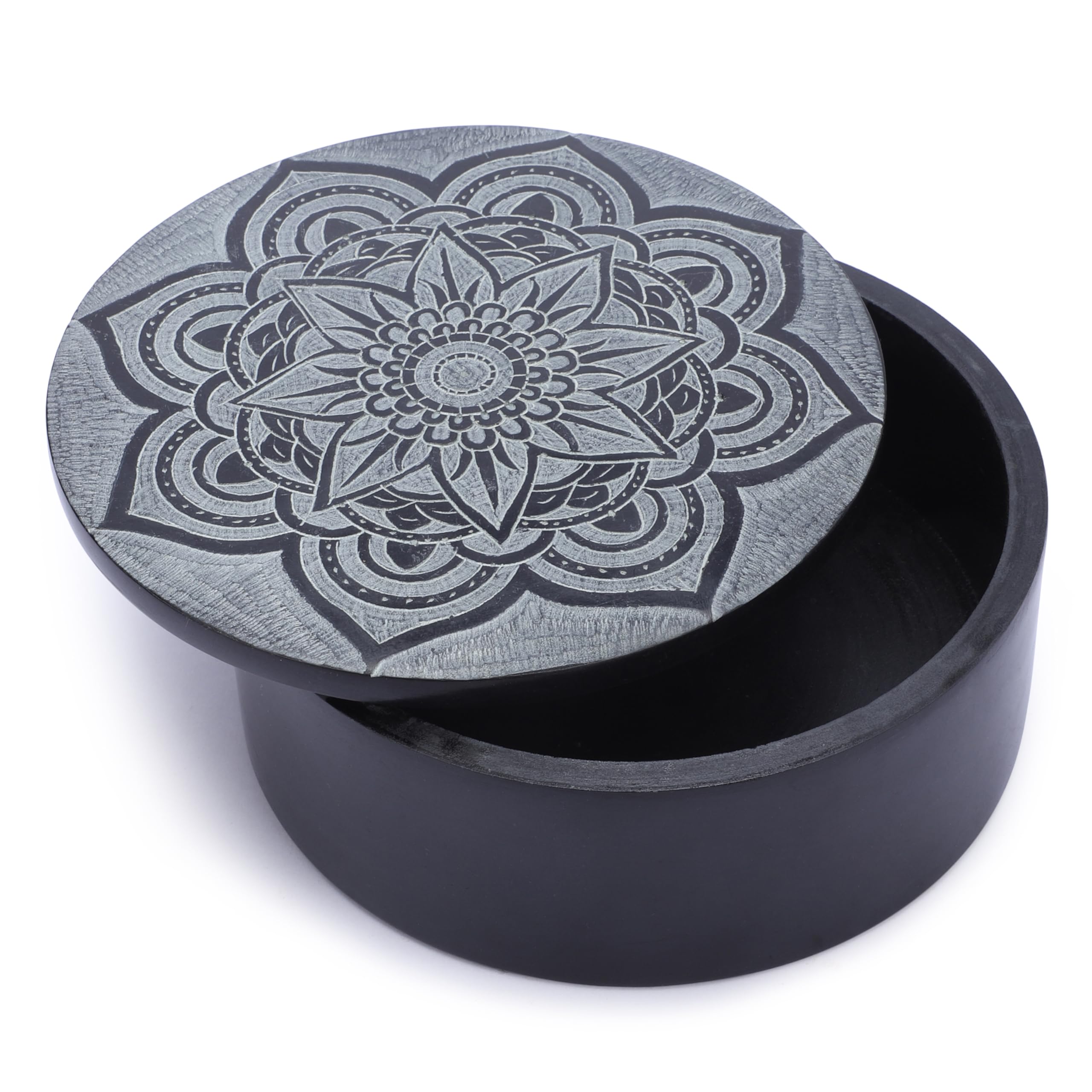 Ajuny Black Round Soapstone Jewellery Box Mandala Trinket Holder For Keepsakes