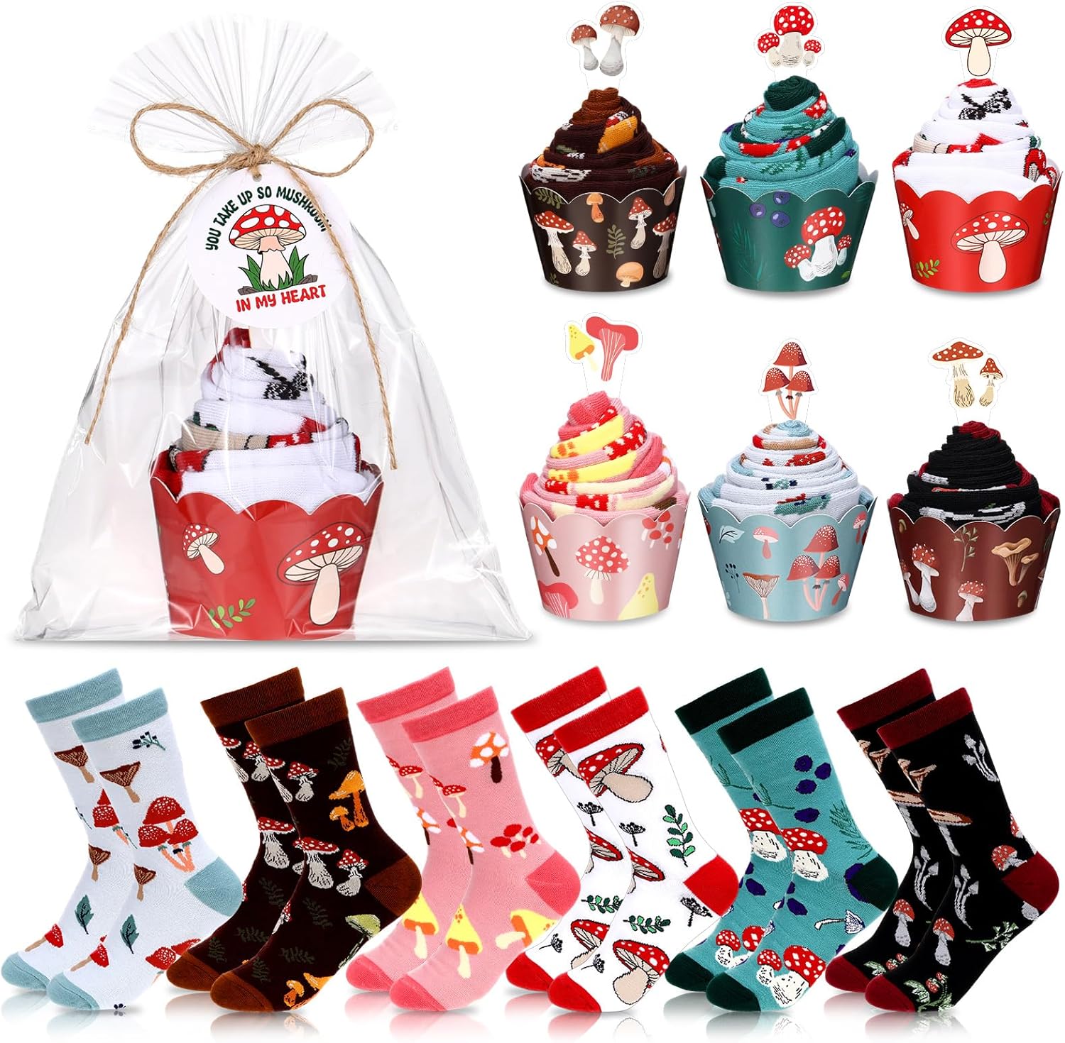 Foaincore 6 Pairs Women's Cute Socks Funny Mushroom Socks Valentine's Day Birthday Gifts for Women Mom Men Mushroom Lovers Gift Decor Accessories with Cupcake Toppers and Wrappers