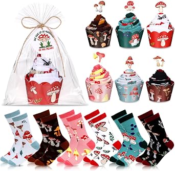 Foaincore 6 Pairs Womens Cute Socks Funny Mushroom Socks Valentines Day Birthday Gifts for Women Mom Men Mushroom Lovers Gift Decor Accessories with Cupcake Toppers and Wrappers
