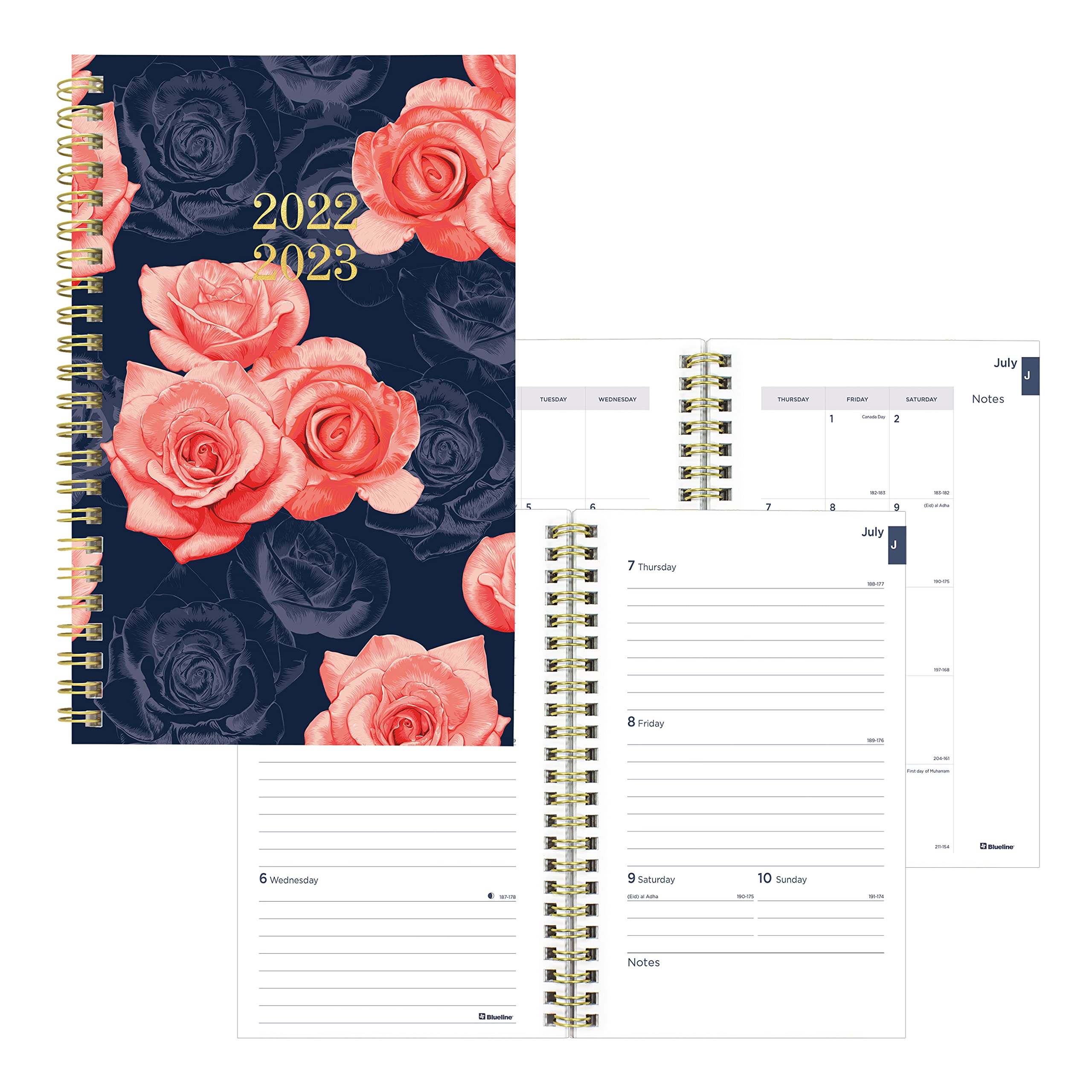 Photo 1 of Pair of 2 Blueline Essential Academic Weekly/Monthly Planner, 13 Months, July 2022 to July 2023, Gold Twin-Wire Binding, Poly Cover, 8" x 5", Vintage Flowers Design, Navy (CA114PI.01-23)
