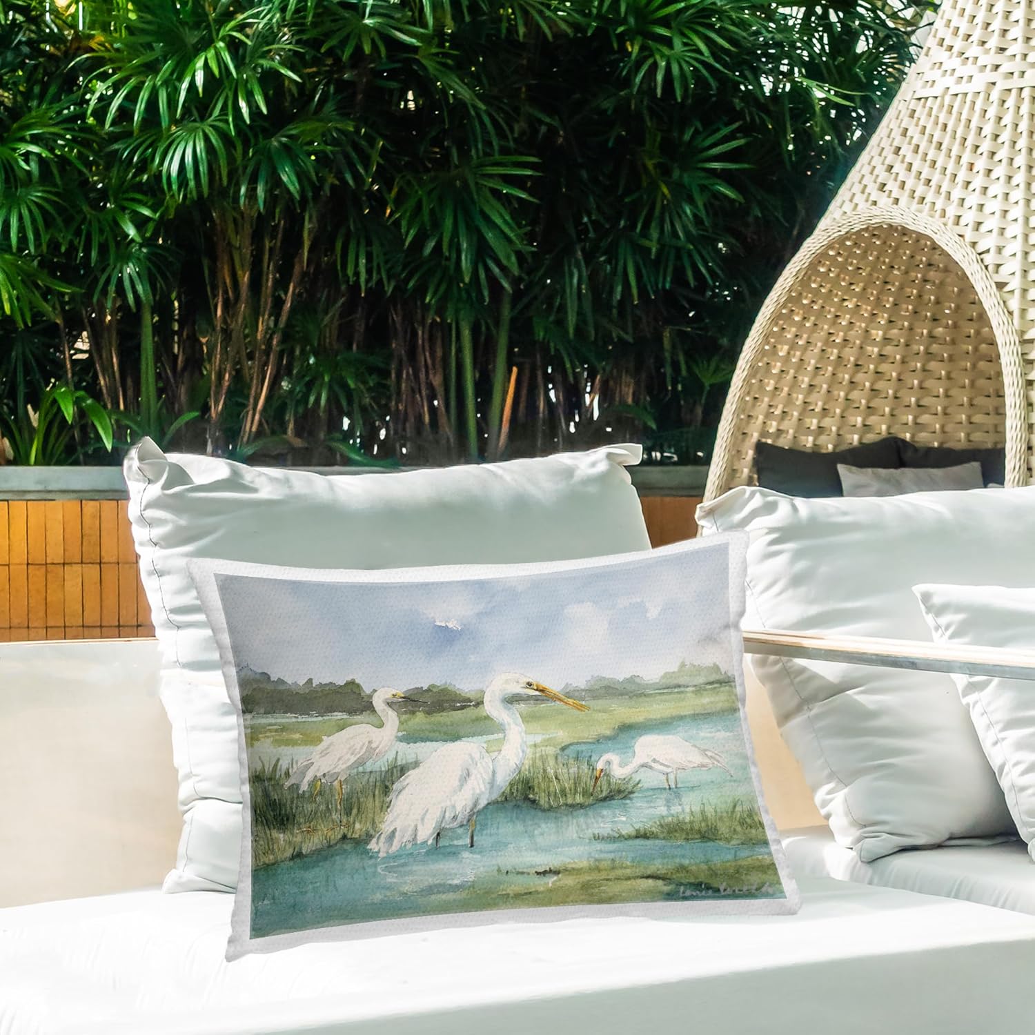 Stupell Industries Egrets & River Scene Design by Lanie Loreth Outdoor Printed Throw Pillow, 14 x 7 x 20, Green