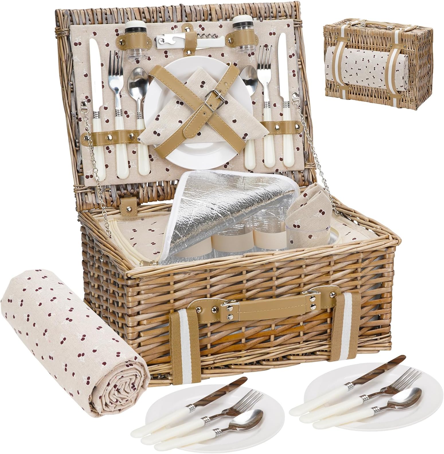 Willow Picnic Basket Set for 4 Persons with Large Insulated Cooler Bag and Waterproof Picnic Blanket,Wicker Picnic Hamper for Camping,Outdoor,Valentine Day,Chirtmas,Thanks Giving,Birthday.