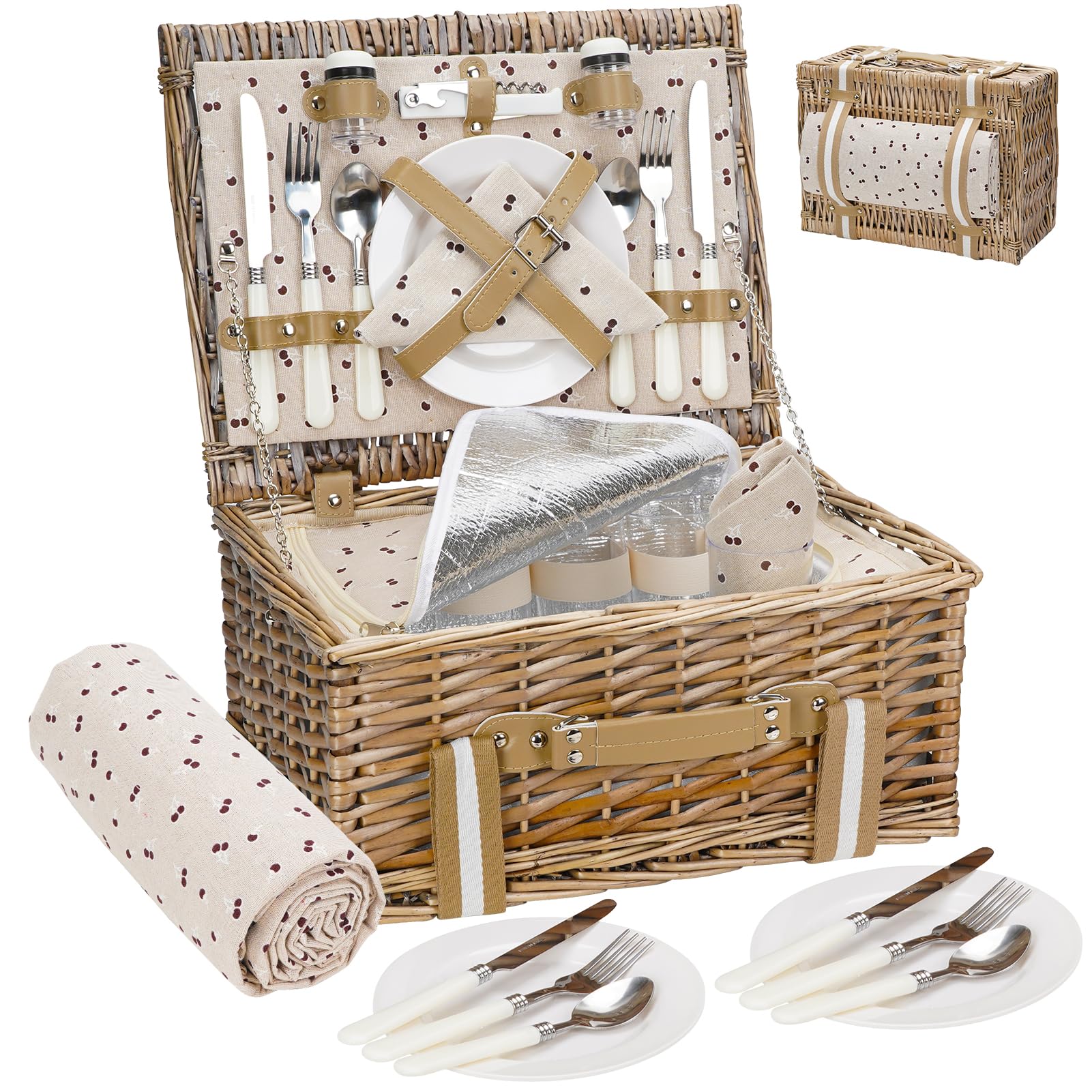 Willow Picnic Basket Set for 4 Persons with Large Insulated Cooler Bag and Waterproof Picnic Blanket,Wicker Picnic Hamper for Camping,Outdoor,Valentine Day,Chirtmas,Thanks Giving,Birthday.