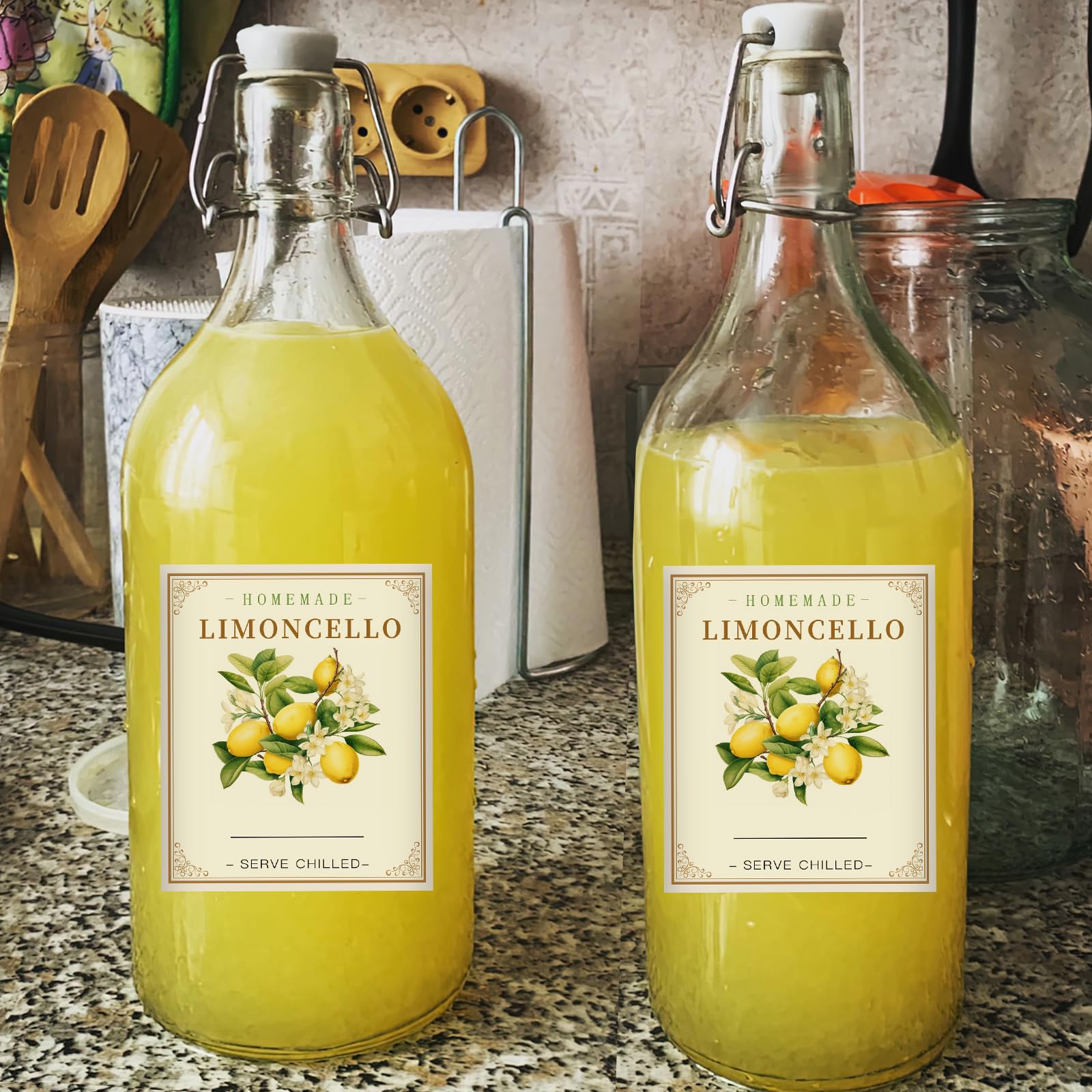 Limoncello - Etiquetas para botellas de limoncello caseras, 20 unidades, calcomanías de etiquetas de botellas de vidrio Limoncello, 2.5 x 3 pulgadas, elegantes calcomanías de vino de limón para bodas