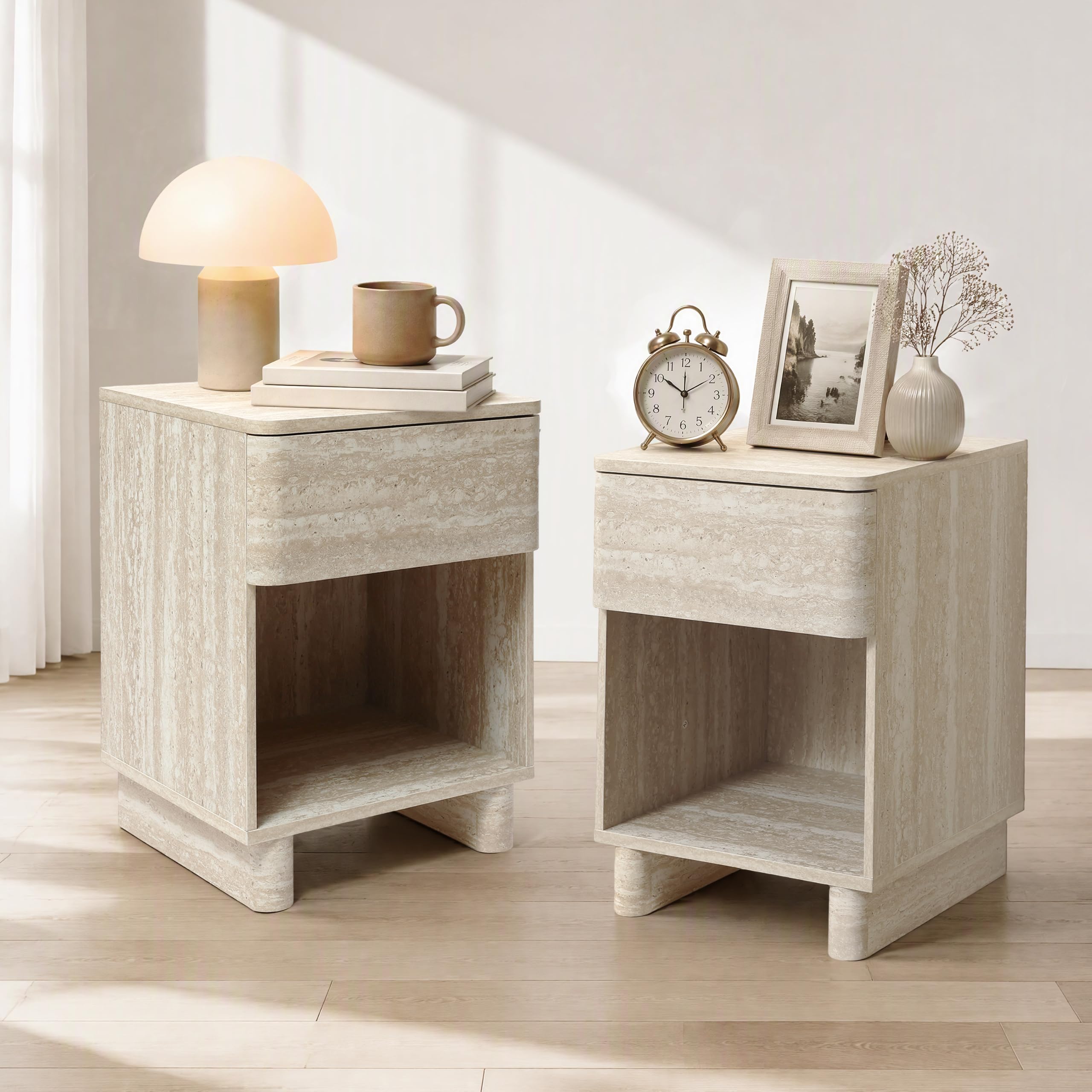 Hometopia Nachttisch 2er Set mit Schublade in Travertin-Optik,54cm Hoch
