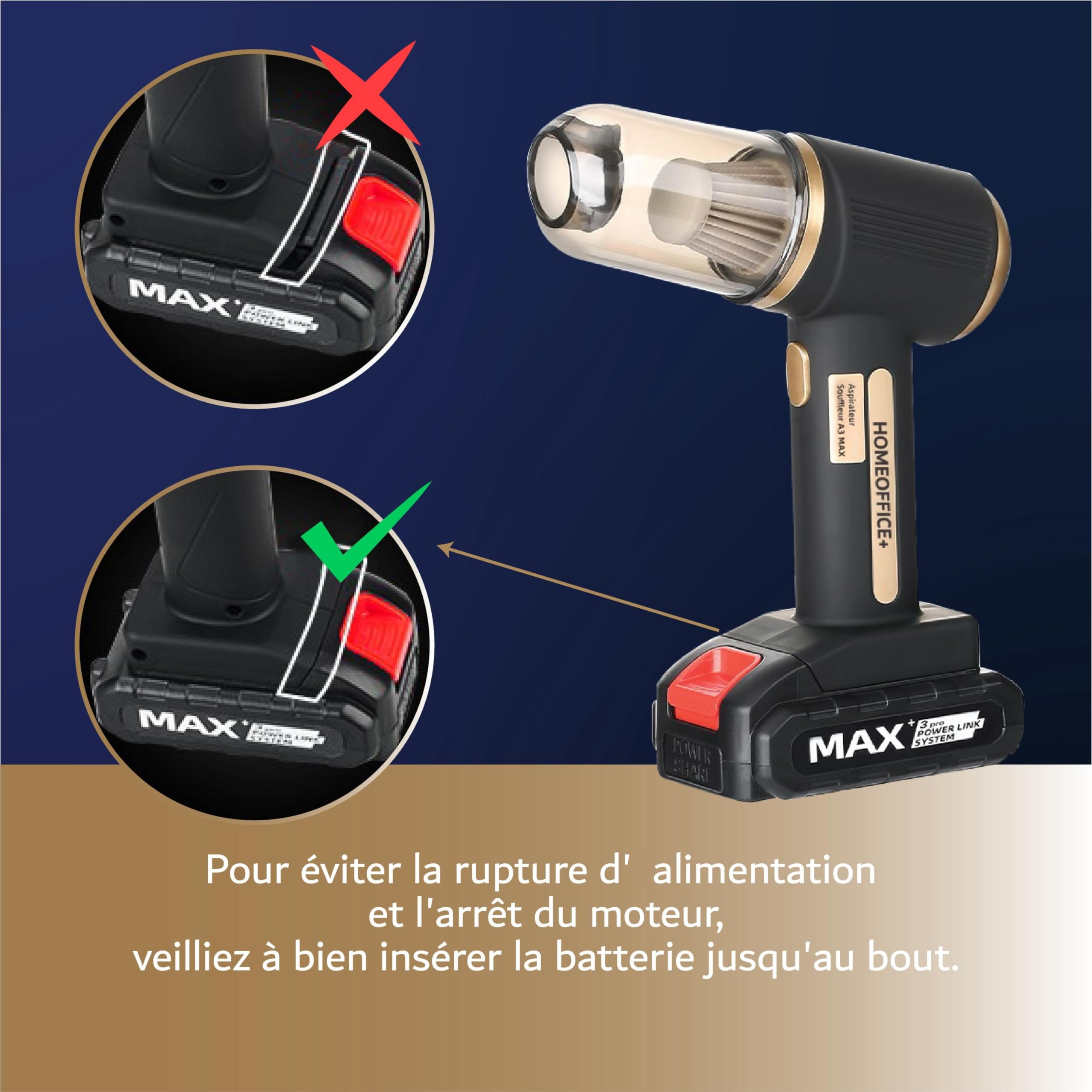 A3 MAX Mini Aspirateur Souffleur, Aspirateur Voiture à main Vacuum sans fil, batterie amovible rechargeable USB. Moteur 120W. Deux vitesses adaptées pour voiture bureau PC maison vétérinaire.