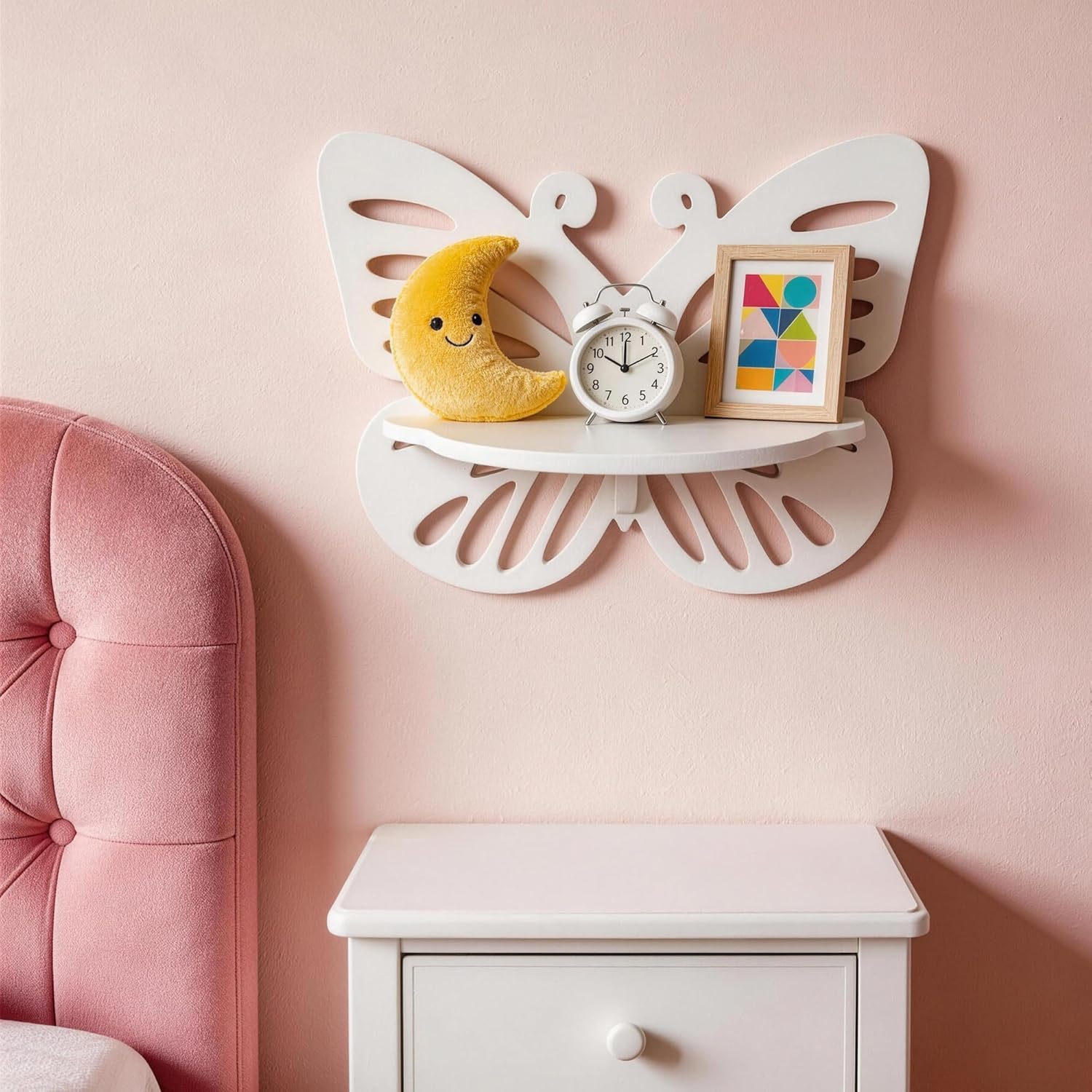 Butterfly Shaped White Floating Wall Shelf - Cute Nursery Wall Mounted Display Rack for Kids' Room, Decorative Storage Shelf for Toys, Plants & Home Decor