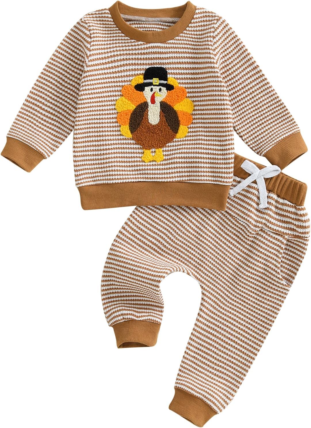 Toddler Baby Boy Girl Thanksgiving Outfit Turkey Embroidery Stripe Long Sleeve Waffle Knit Sweatshirt and Pants Set