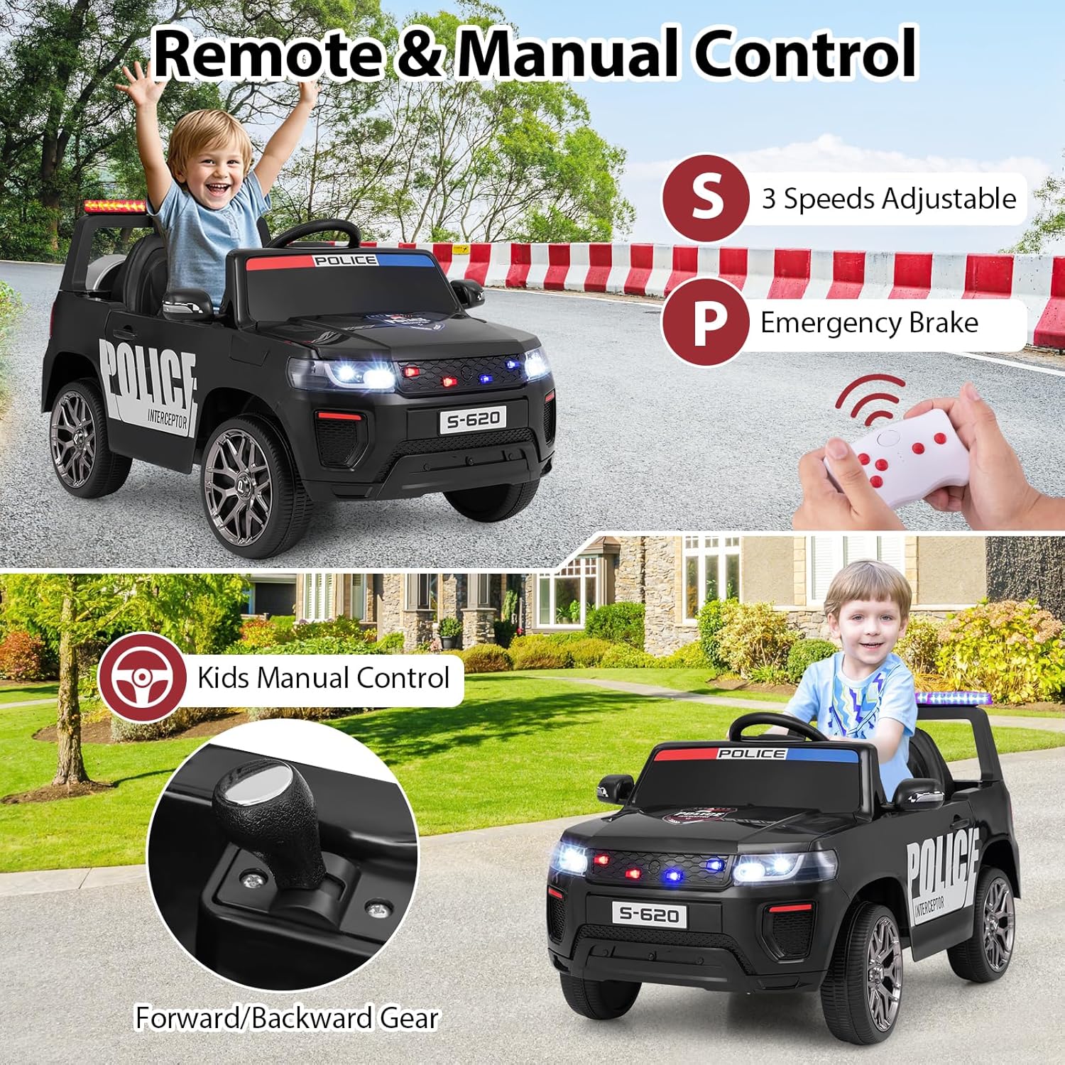 OLAKIDS Ride on Police Car, 12V Kids Battery Powered Electric Vehicle with Siren, Flashing Lights, Bluetooth, Music, MP3, USB, Power Display, Spring Suspension, Aged 3-8 Years (Black)