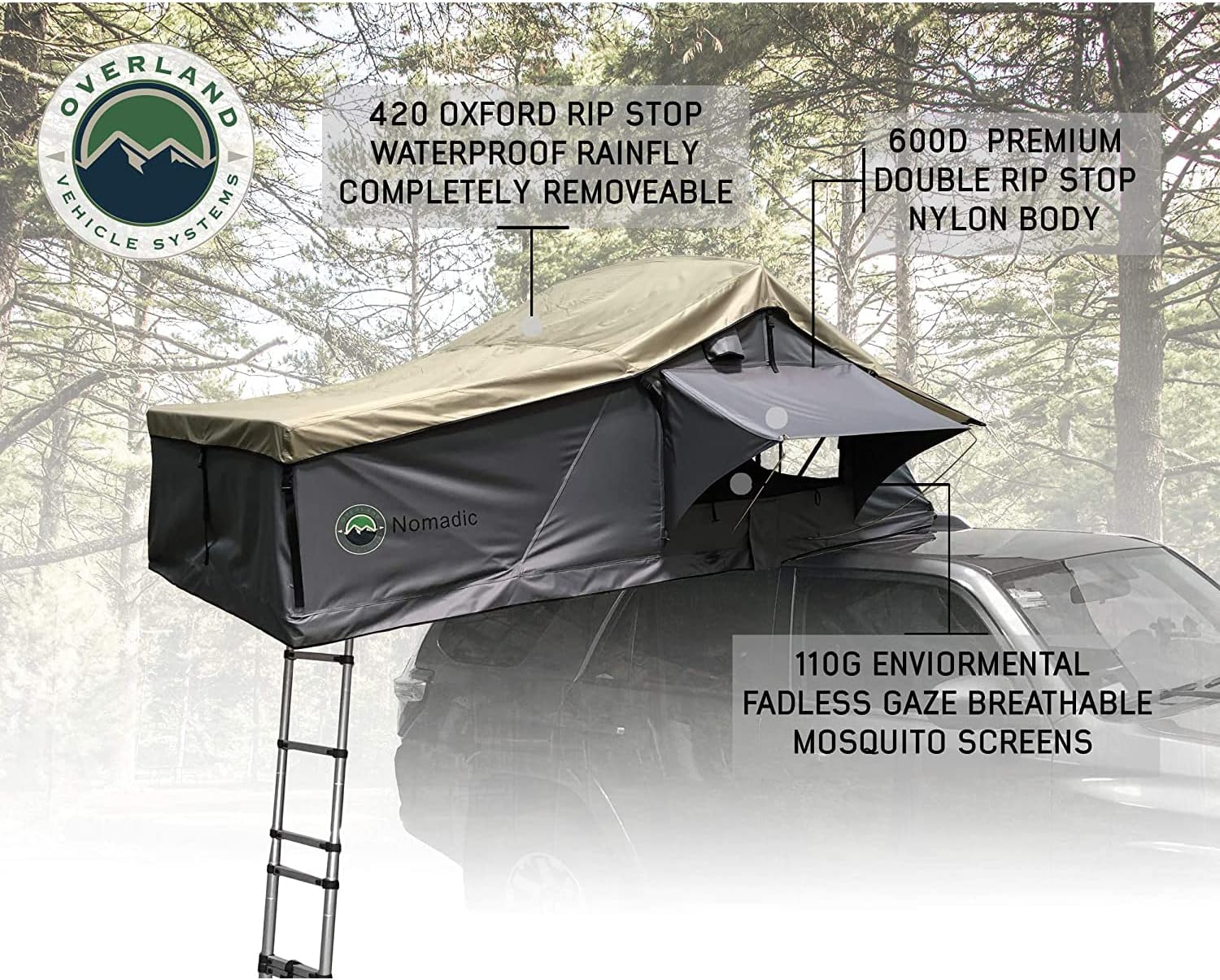 Overland Vehicle Systems HD Nomadic 3 Extended Soft Shell Roof Top Tent - Dark Gray Base with Green Rain Fly & Black 1000G PVC Travel Cover - Black Aluminum Base