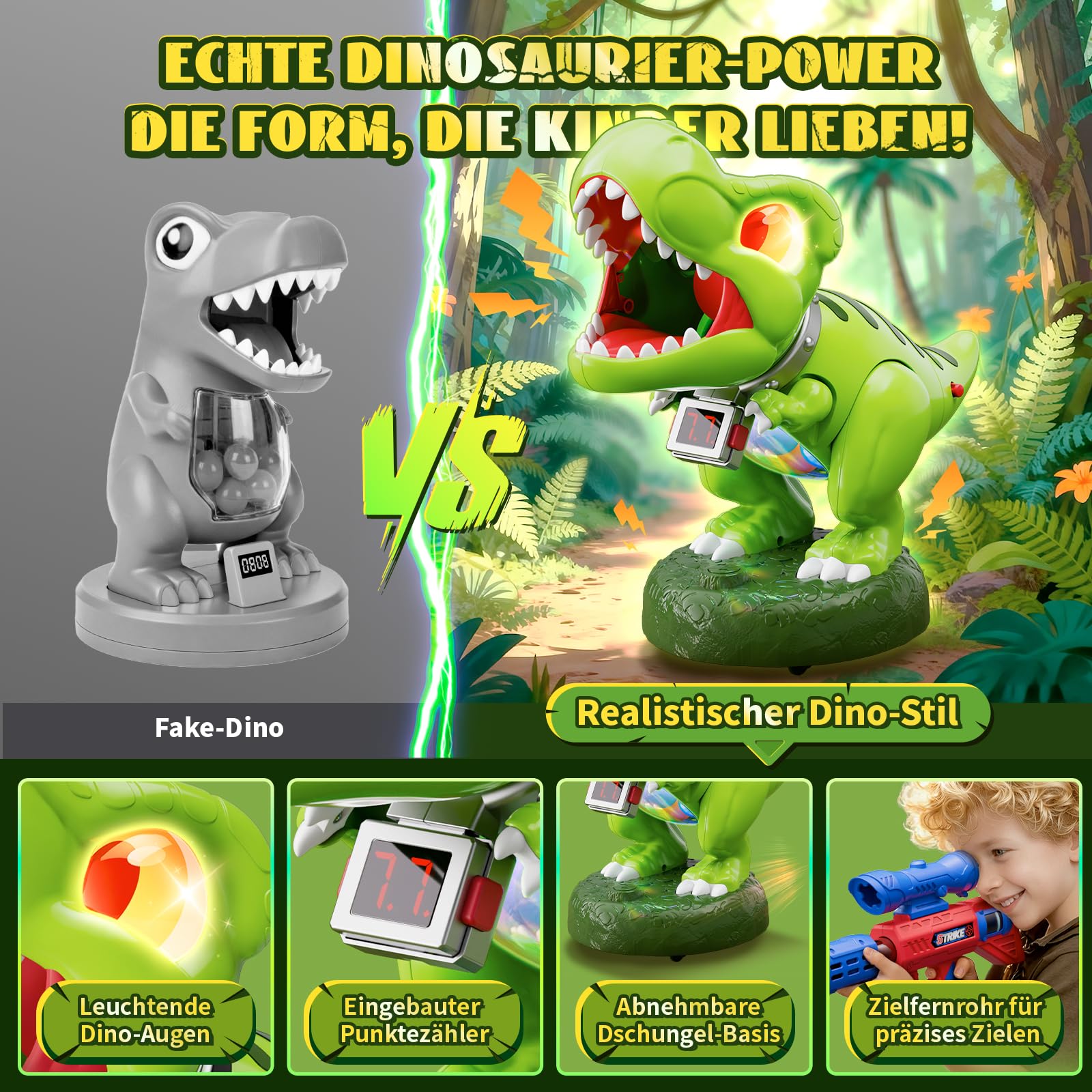 Dinosaurier Schieß Spielzeug Kinder- Bewegliches Realistisches ! kinder Partyspiele ab 3-10 Jahre Jungen, 2 Luftpumpenpistolen, LED, Schaumball, Zähler, Brüllen, Geschenk Junge 4 5 6 7 8 9 10 11 Jahre
