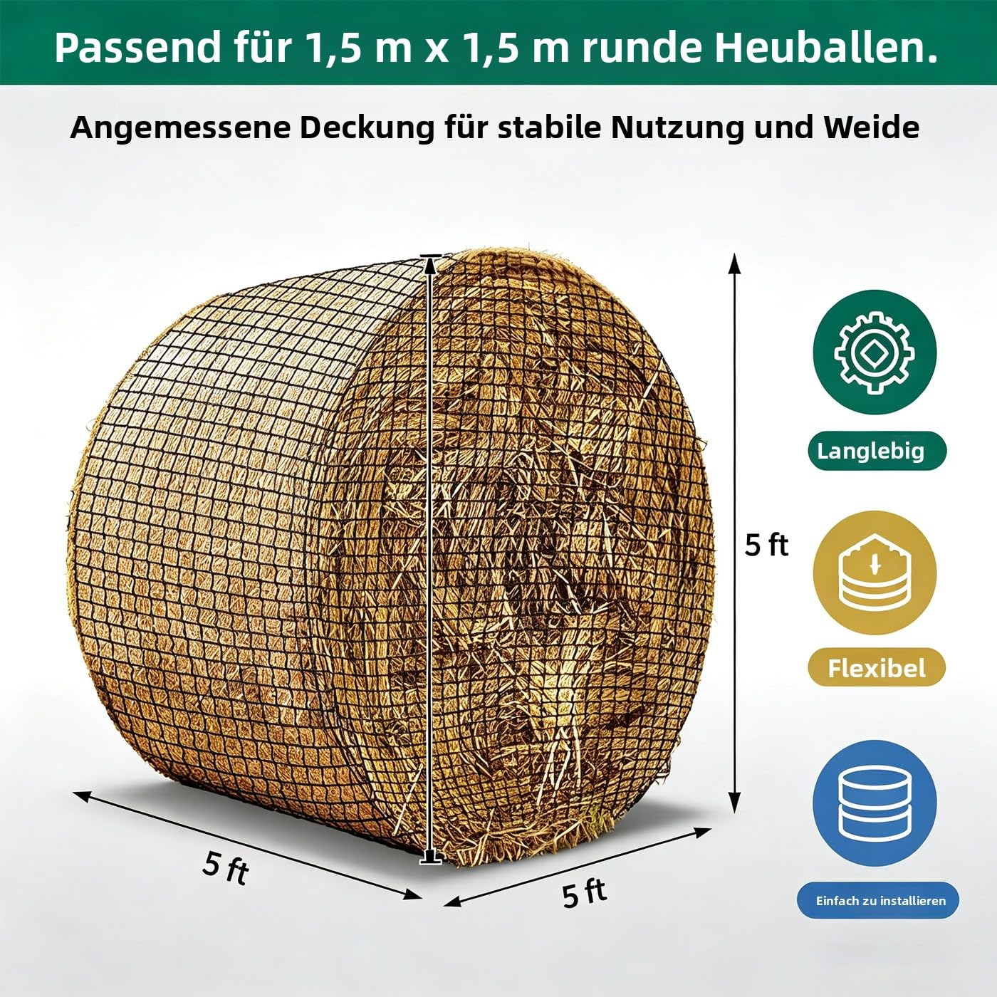 Heunetz für Pferde,Rundballen-Netz, ø 150 cm, Höhe 150 cm, Maschenweite 5x5cm, Engmaschiges Futternetz für langsames Fressen,Stabiles Heunetz für Pferde zur artgerechten Fütterung