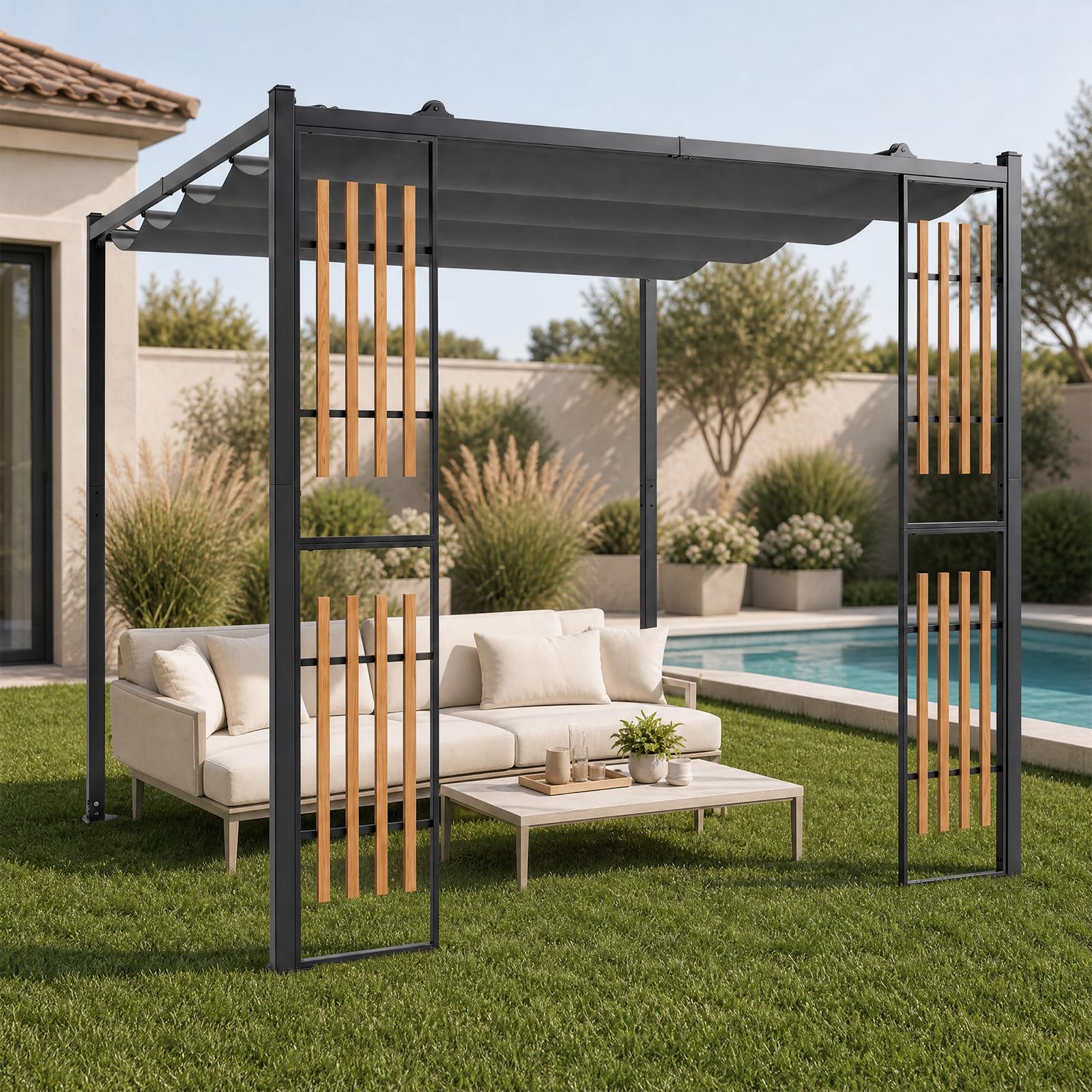 GOPLUS 2,32x2,32 M Pérgola de Jardín con Techo Retráctil y Pantallas | Cenador Cuadrado para Exteriores con Laterales Ajust, Lona de Poliéster, Estructura Metálica, Pabellón para Terraza, Gris