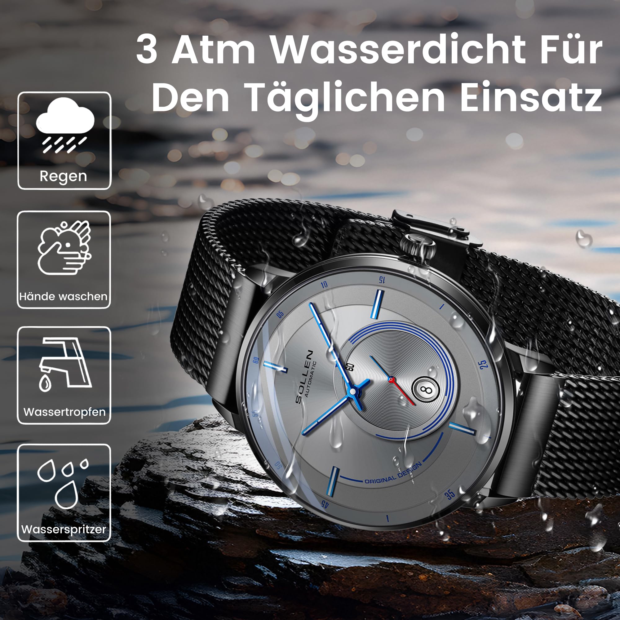 SOLLEN Klassische Herrenuhren Automatik,Automatische Herrenuhren mit Originales Mechanisches Uhrwerk,Automatikuhren Herren mit Kalendar & Sekundenzeiger,Leuchtend Armbanduhren als Geschenk für Männer