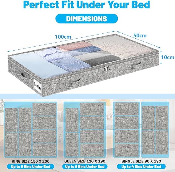 Underbed Storage Bags 2 Pack, 10cm Tall Large Under Bed Storage Box with zip, Foldable Shallow Wardrobe Storage Organiser with Clear Window & Reinforced Handle for Clothes, Blankets, Shoes, Bedding