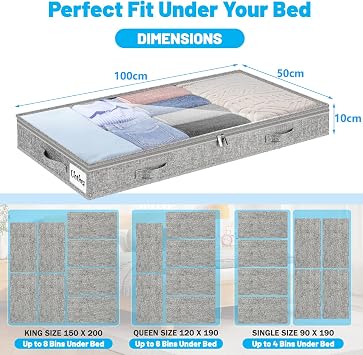 Underbed Storage Bags 2 Pack, 10cm Tall Large Under Bed Storage Box with zip, Foldable Shallow Wardrobe Storage Organiser with Clear Window & Reinforced Handle for Clothes, Blankets, Shoes, Bedding