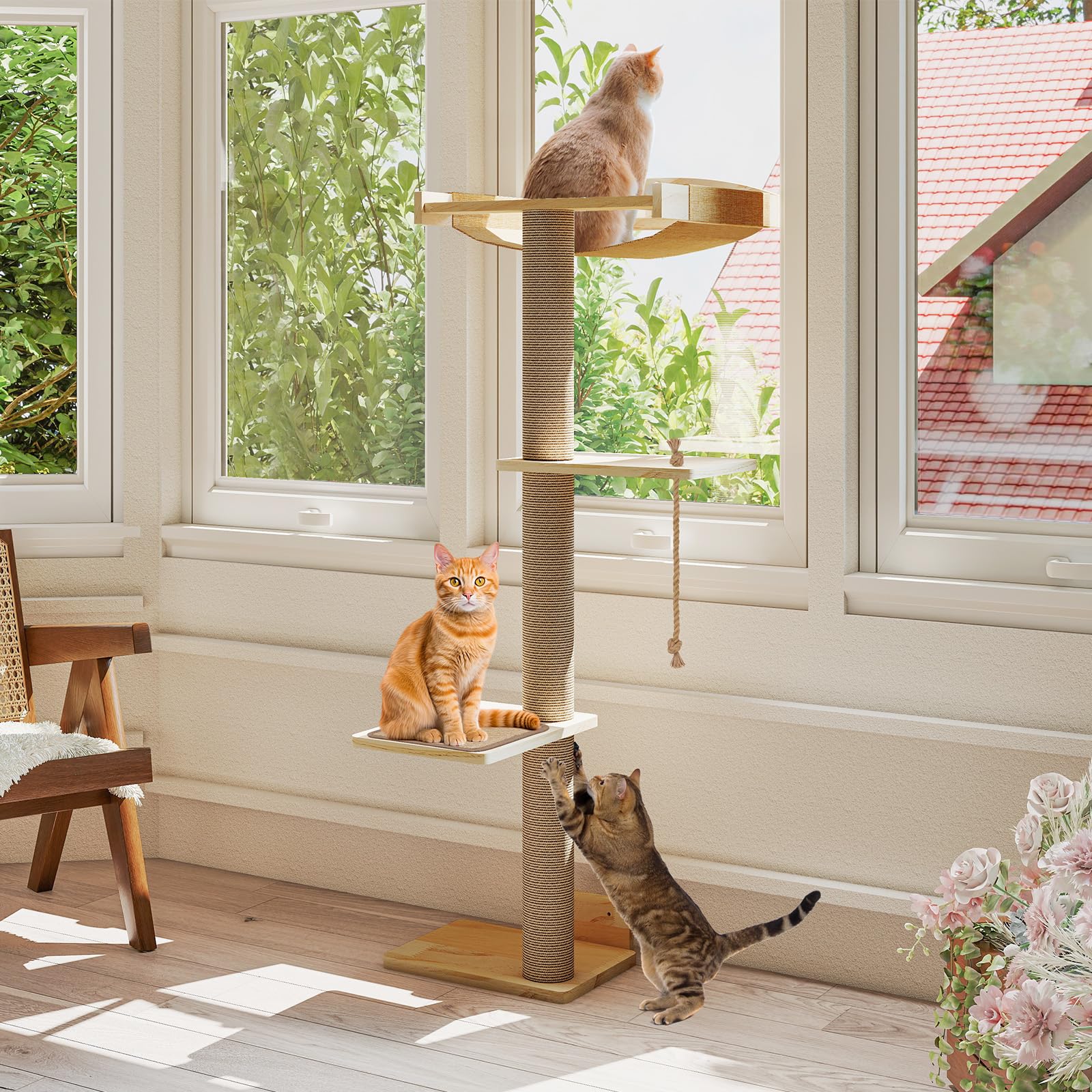 Yafylly Cat Window Perch with Scratching Post & Step, 47" Adjustable Window Perch for Large Cats, Cat Hammock for Window with Suction Cups,