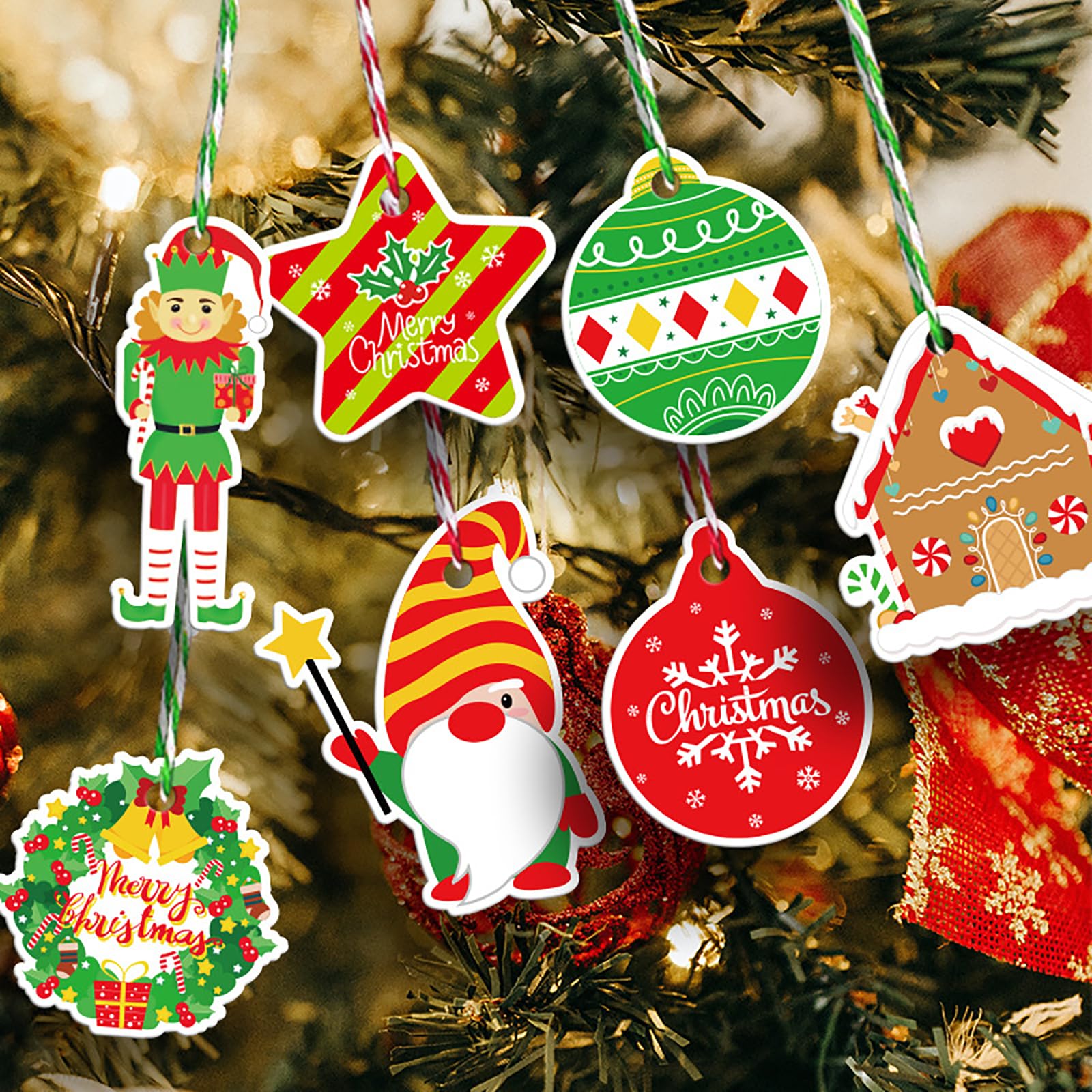 Aujzoo 50STK Kerst Tags 10 Stijlen Kraft Papier Hang Labels
