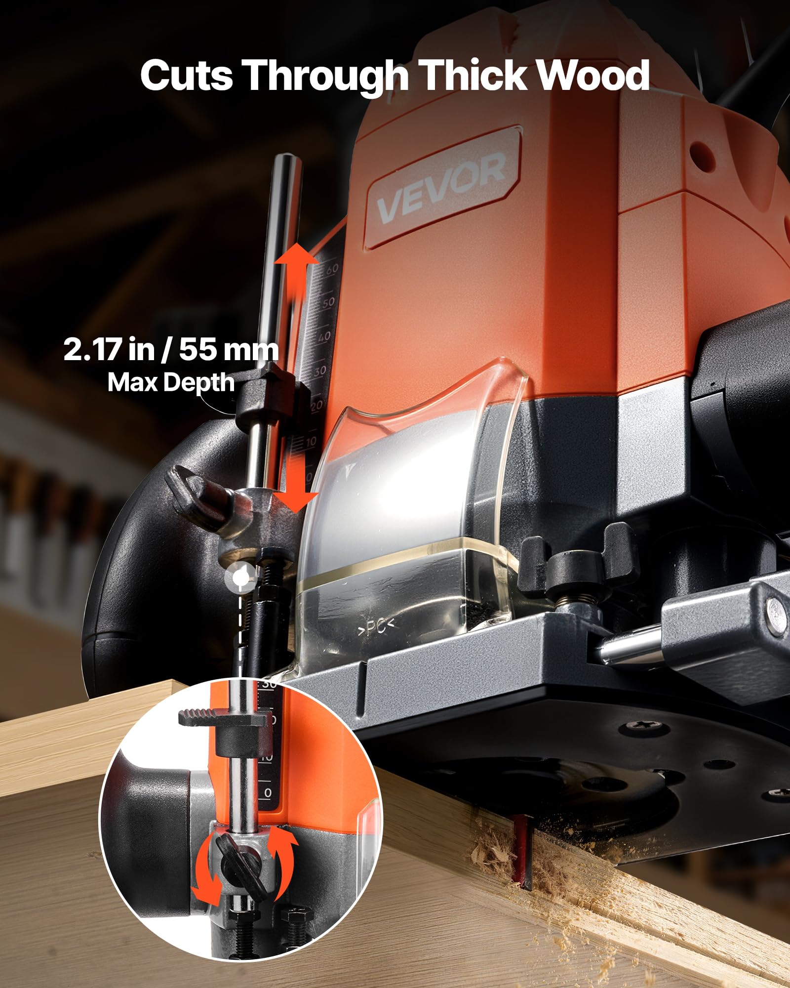 VEVOR Fresadora de Madera 1,6HP 1200W, Rebajadora Eléctrica de 6 Velocidades Variables, Arranque Suave, con Base de Inmersión, Fresadora de Cantos para Carpintería, Proyectos de Bricolaje, con Cable