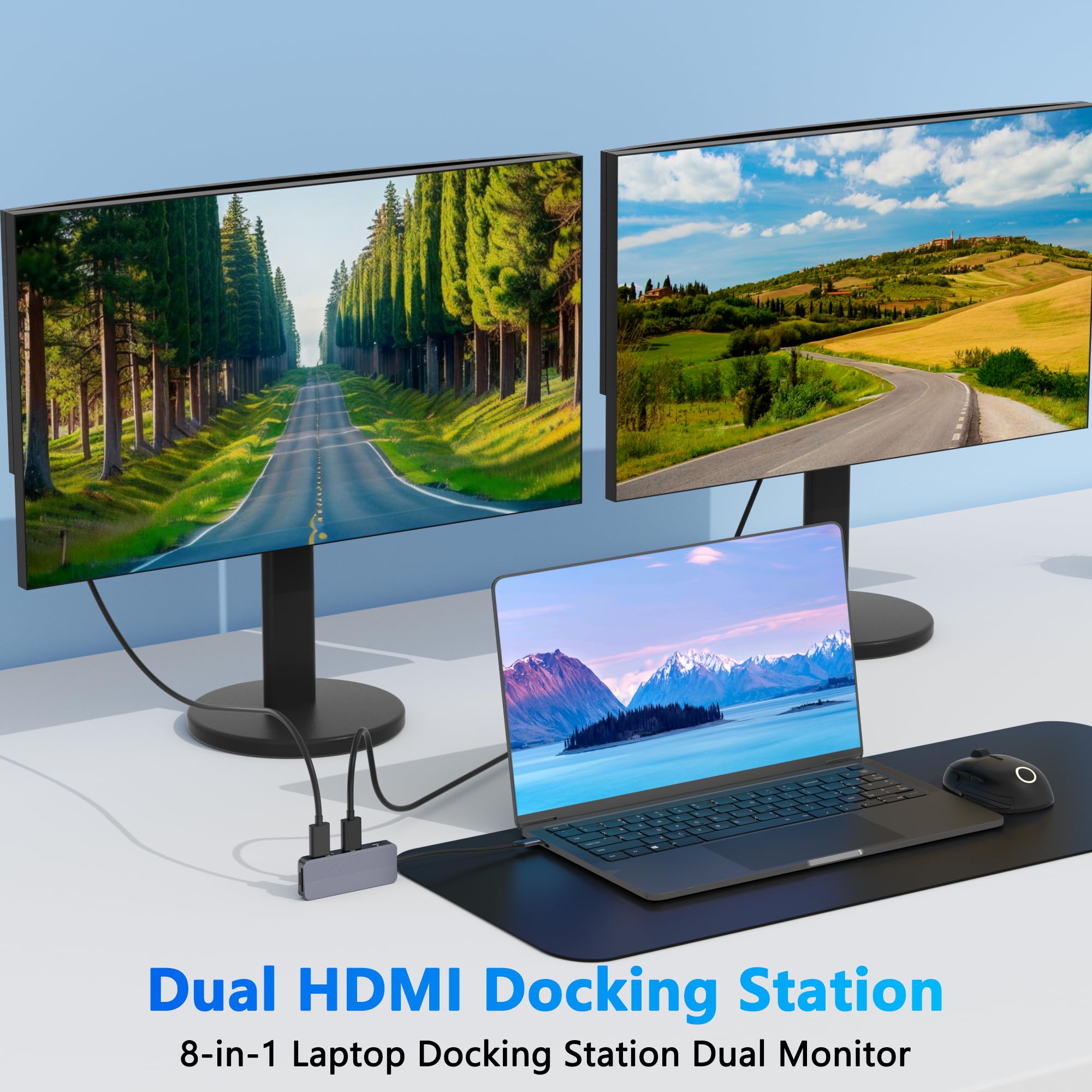 Podwójna stacja dokująca USB C HDMI, 4K @ 60 Hz 8 w 1, podwójny monitor do laptopa Mac/Dell/HP, rozdzielacz HDMI do dwóch monitorów, podwójny adapter HDTV USB C Hub