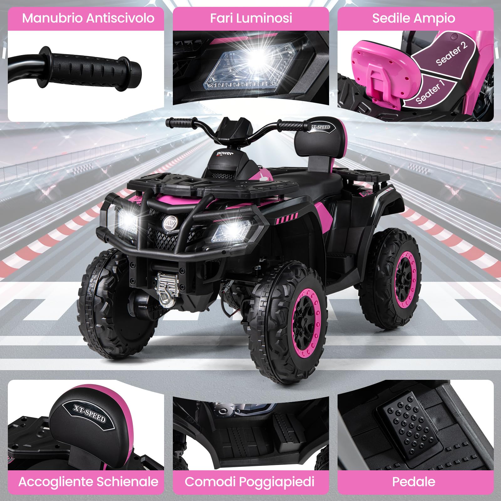 COSTWAY 24V Quad Elettrico per Bambini a 2 Posti, Macchina Elettrica per Bambini 3-8 Anni con 4 Motori, 4 Ruote Antiusura, Luci LED e Musica, Avvio Morbido e 2 Velocità Regolabili, 3-8 km/h (Rosa)