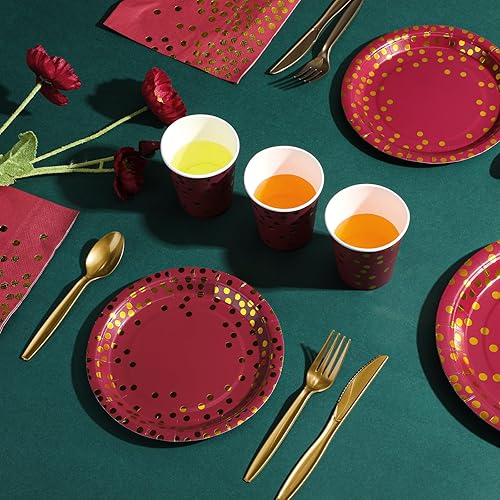 Miniatura 6 de 256 piezas de suministros de fiesta burdeos y dorados, platos de papel, servilletas, vasos, manteles desechables de punto dorado, tenedores,