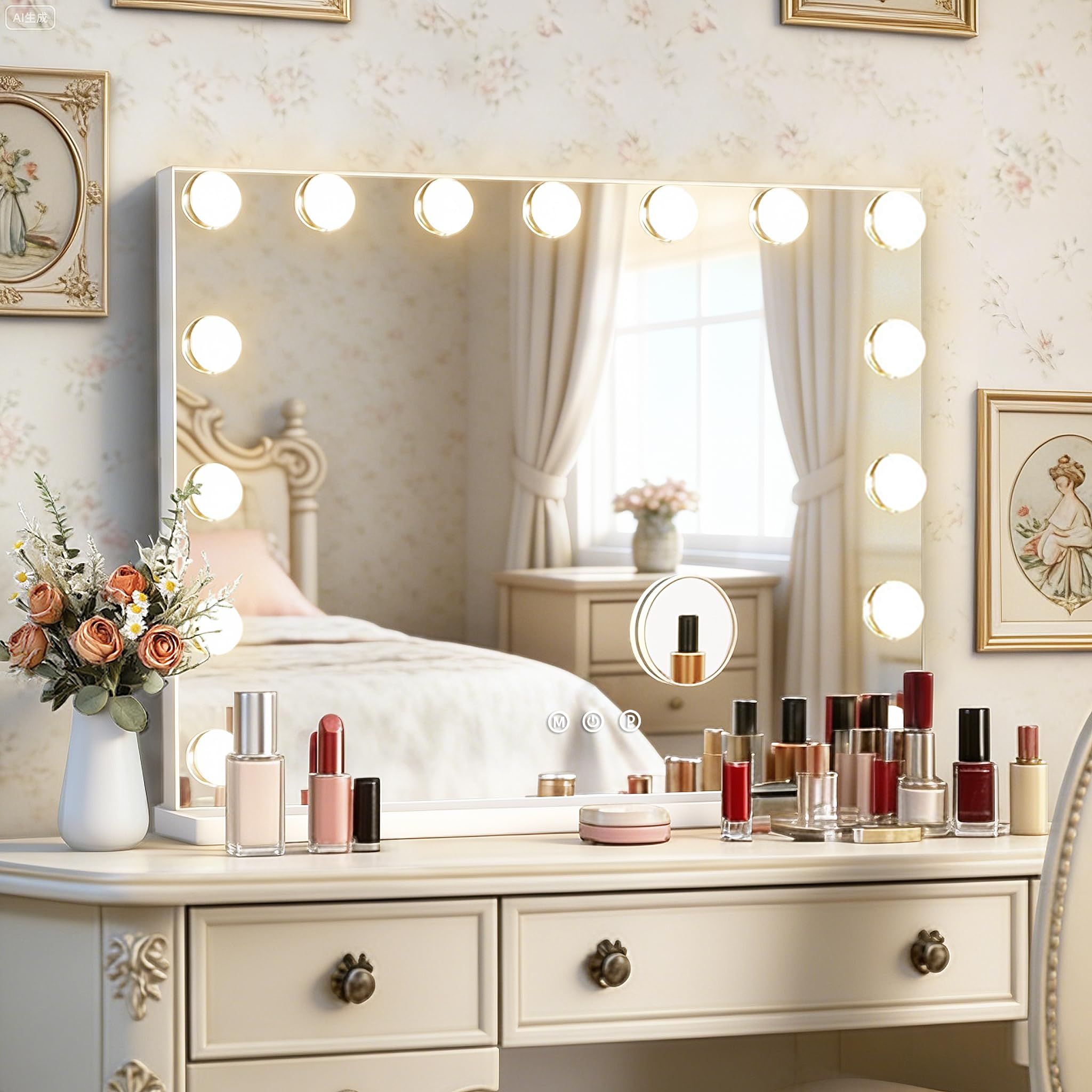 Ratsamee Hollywood Vanity Mirror with Lights, 23" x 18", 15 Dimmable Bulbs, 3 Color Lights, Make Up Lighted Mirror, USB Charging Port, Gifts for Women Wife Teengirls White