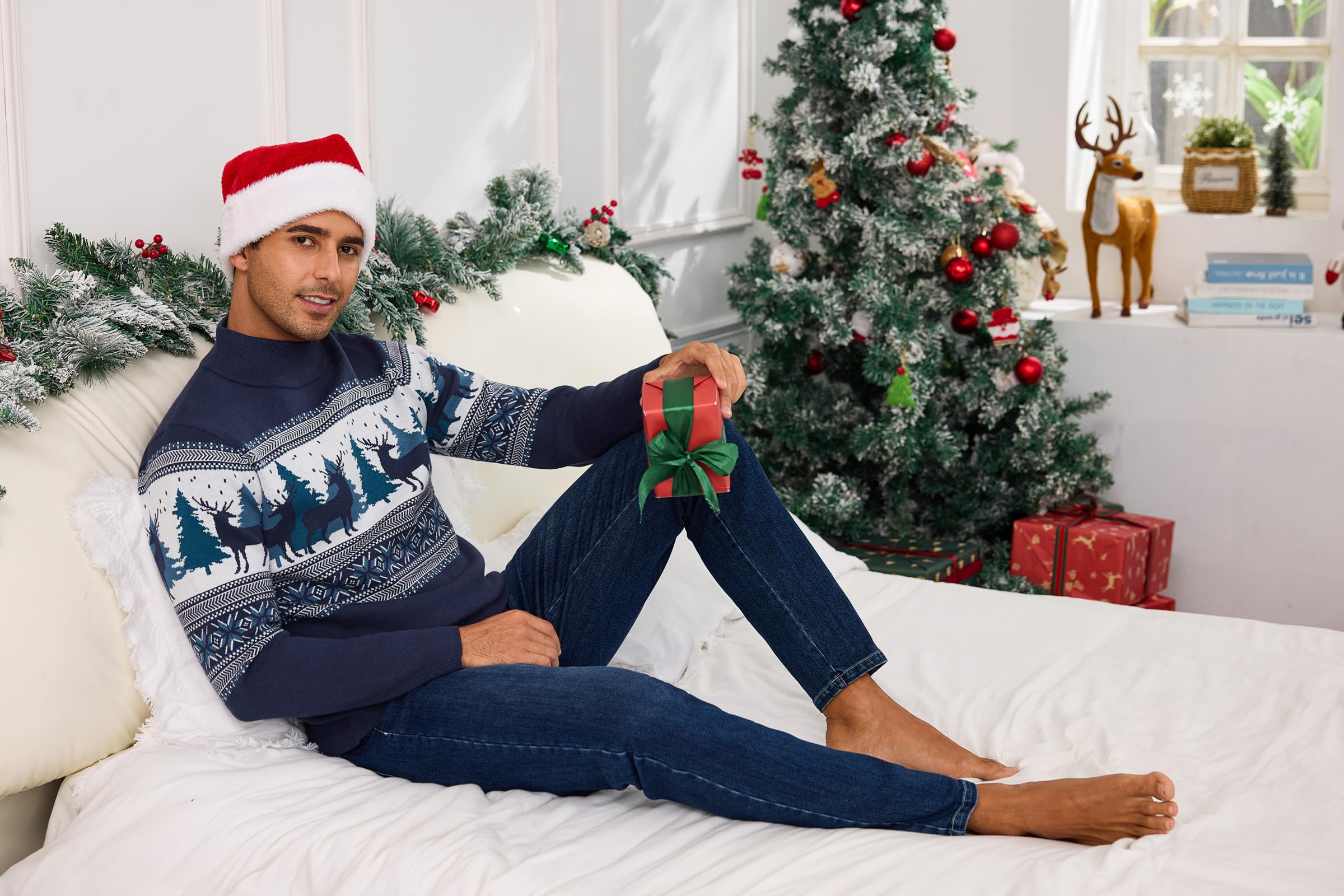 Świąteczny sweter męski z golfem z reniferem, elegancki i ciepły zimowy sweter z dzianiny, zabawny świąteczny sweter na imprezę i czas wolny S-XXL