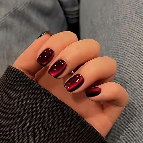 KQueenest Cat Eye Dark Red Press on Nails Short, 30