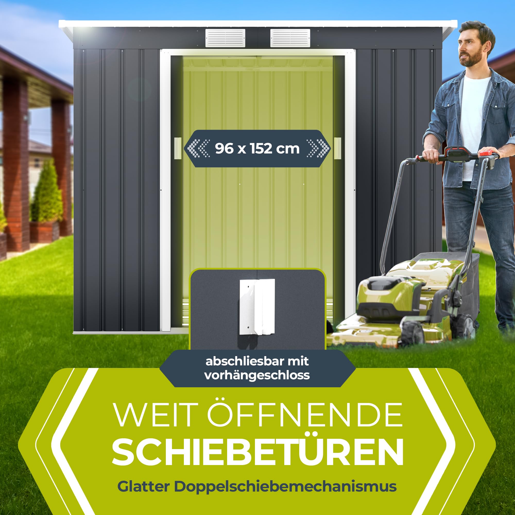 Athelon Geräteschuppen Metall 213×130×173 cm Doppelschiebetüren verzinkter Stahl