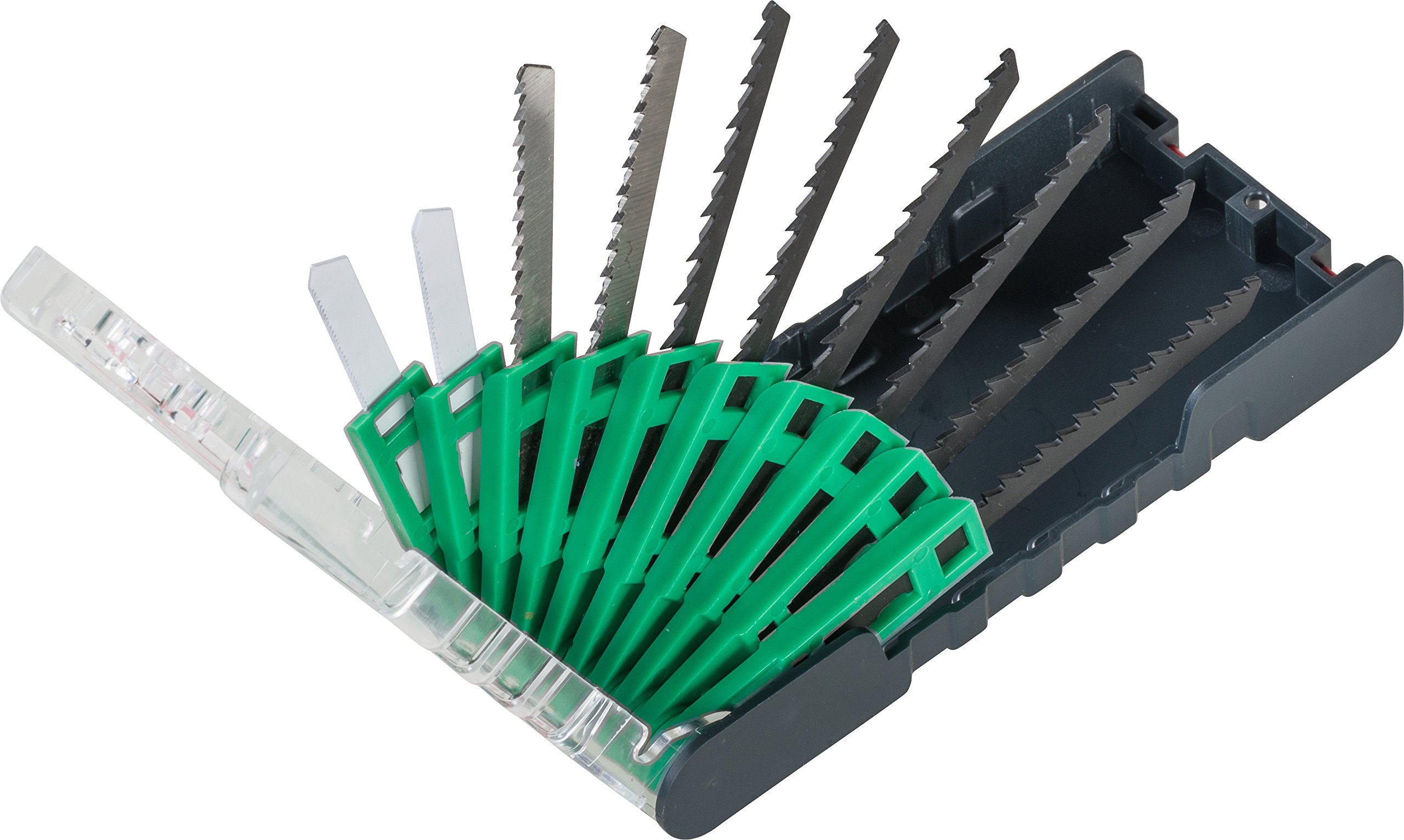 kwb PowerBox Stitch sawl Set for cuts in Wood and Metal - Saw Blade Set, 10 Pieces, Green/Black/Silver/Transparent/White/Red
