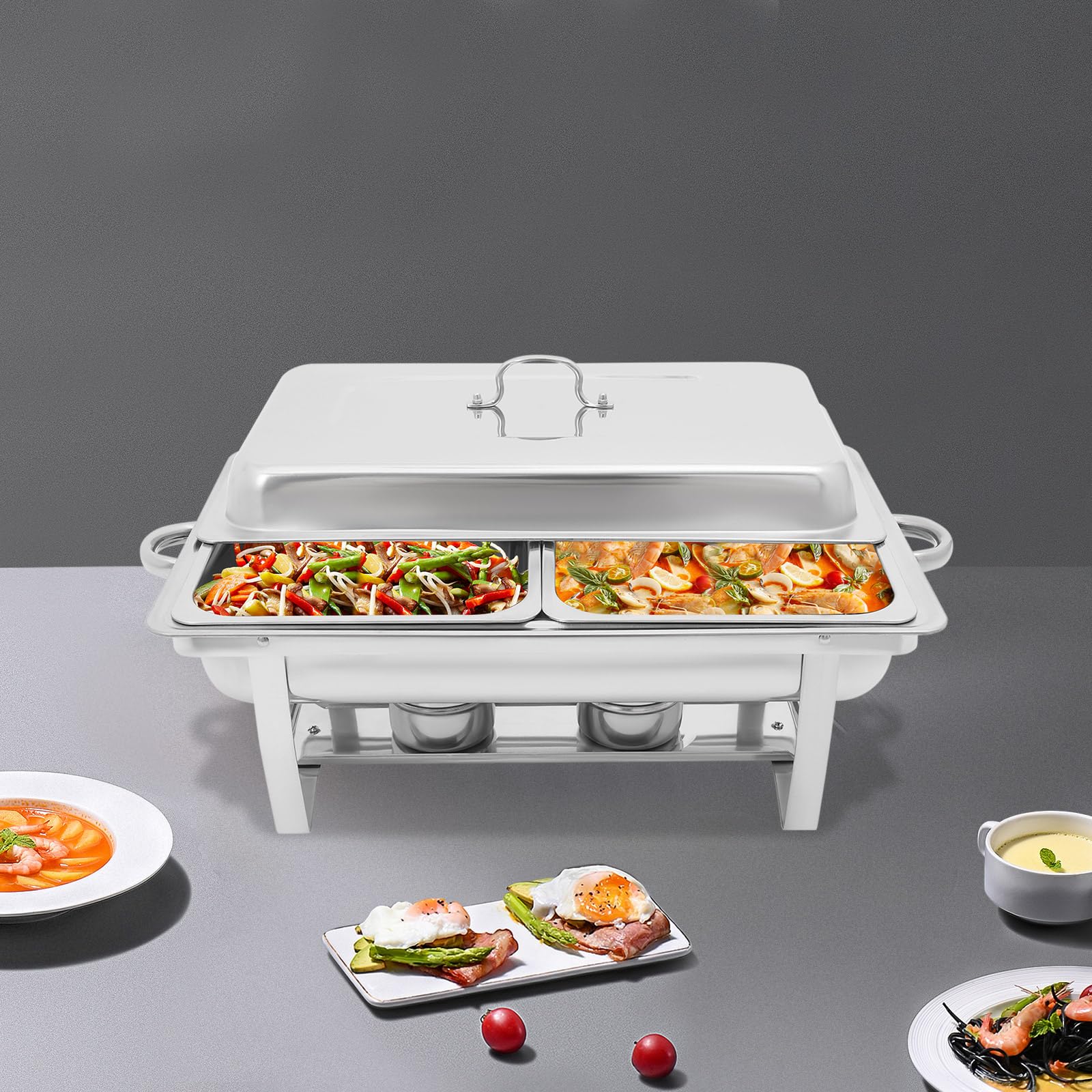 Set da buffet in acciaio inox da 9 l, scaldavivande con coperchio e 2 contenitori per combustibile, scaldavivande per feste, catering e feste di famiglia