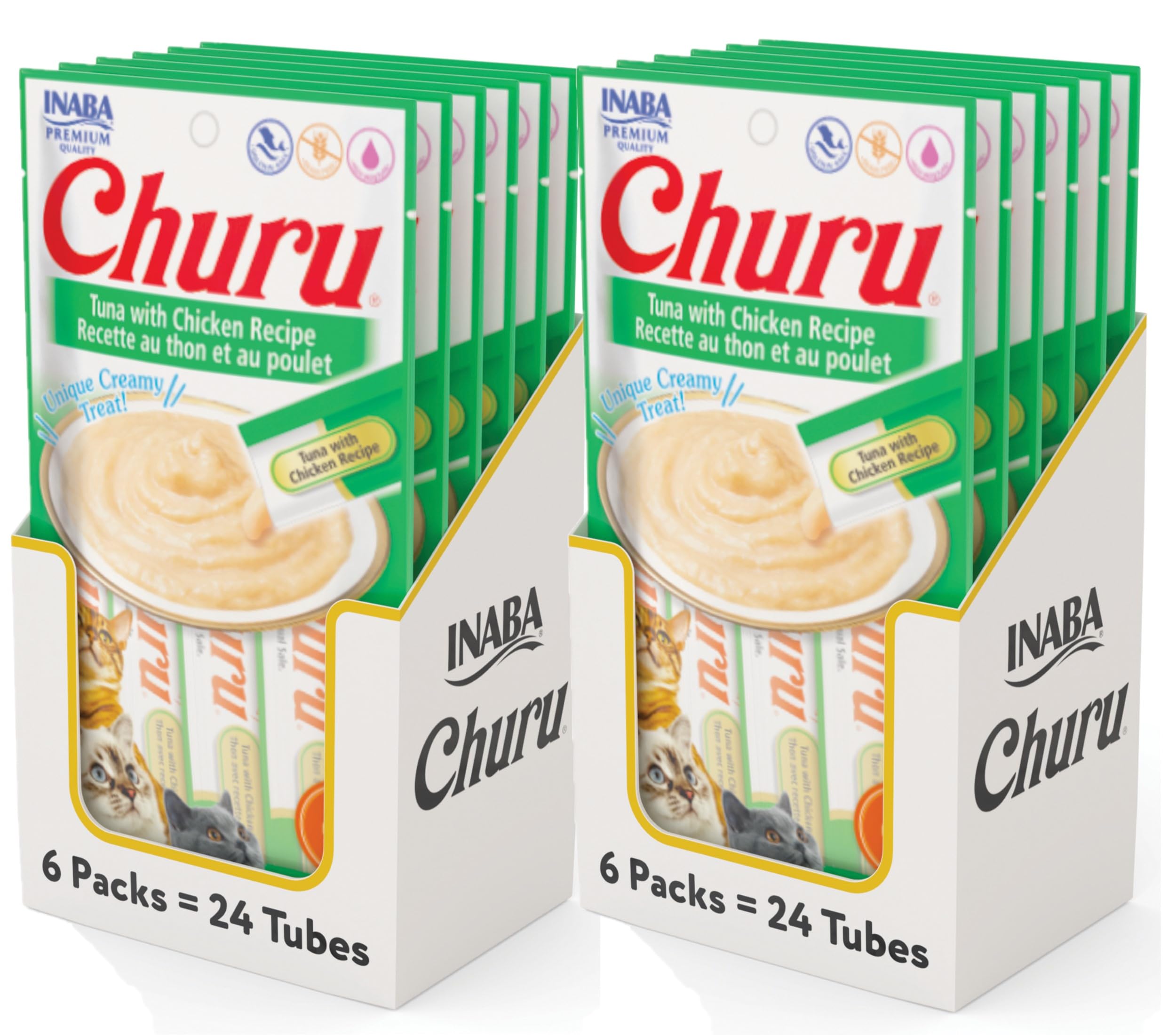 INABA Churu Cat Treats, Grain-Free, Lickable, Squeezable Creamy Purée Cat Treat/Topper with Vitamin E &amp; Taurine, 0.5 Ounces Each Tube, 48 Tubes (4 per Pack), Tuna with Chicken Recipe