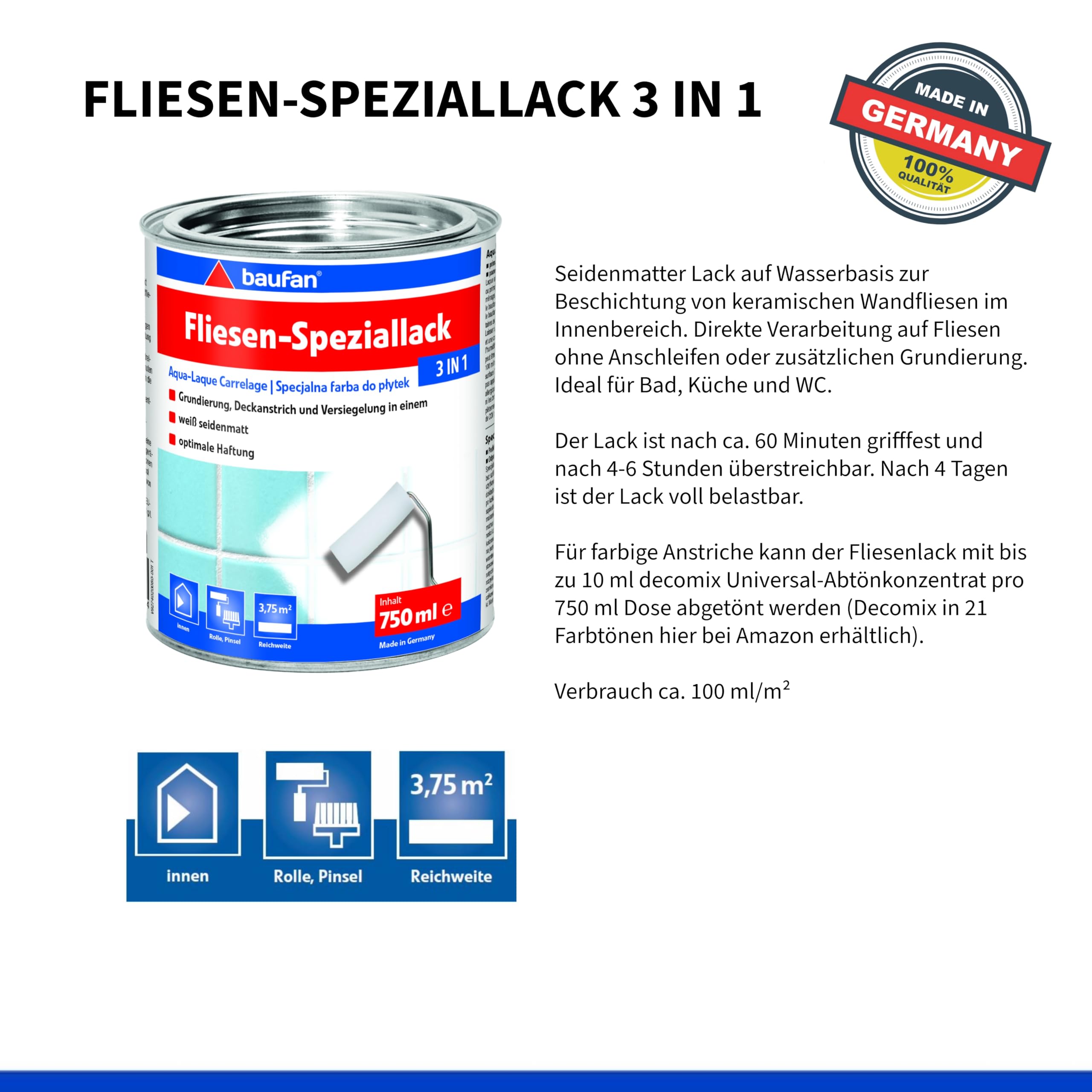 Baufan 3in1 Vernis Spécial Blanc Satiné Salle de Bain Cuisine Intérieur Peinture Carrelage Finition Vitrification