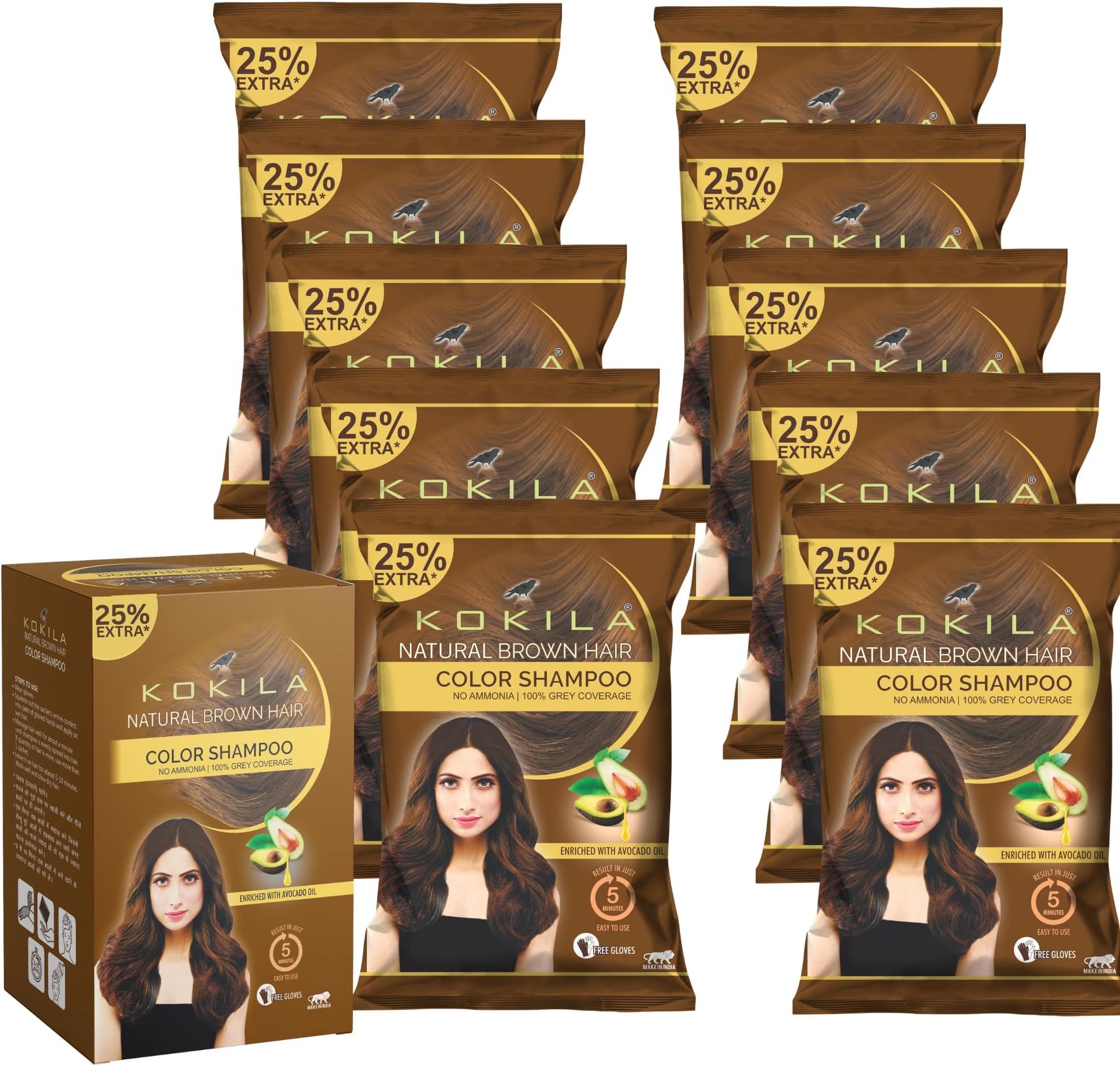 Kokila Unisex Hair Color Shampoo Enriched With Almond Oil in Just 5 Minute, Long-Lasting Instant Hair Color Brown Pack of 20 (18ML Each)