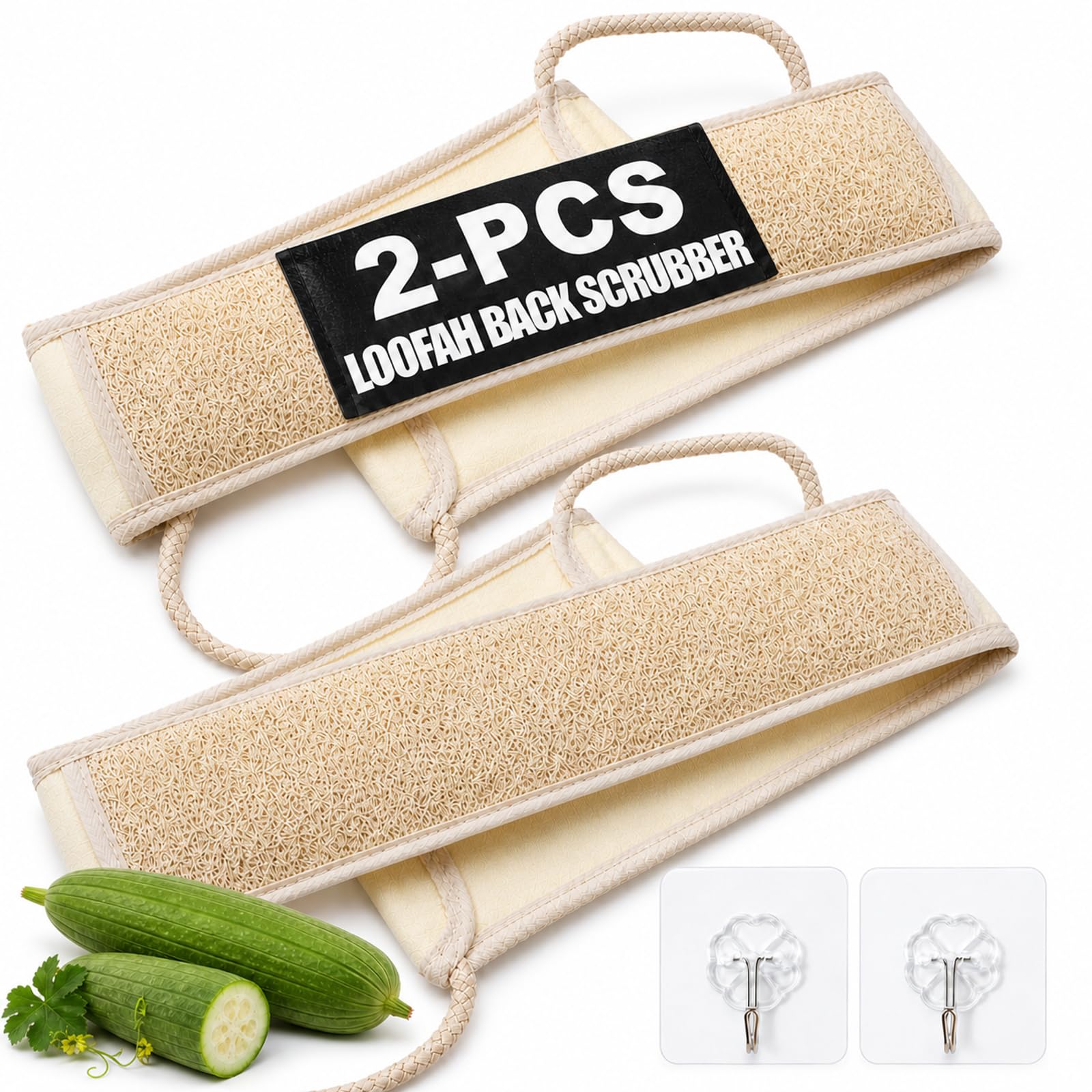 Photo 1 of 2 Pack Egyptian Loofah Back Scrubber for Shower, Loofah with Handle for Men and Women, Natural Loofah Sponge Exfoliating Body Back Scrubber