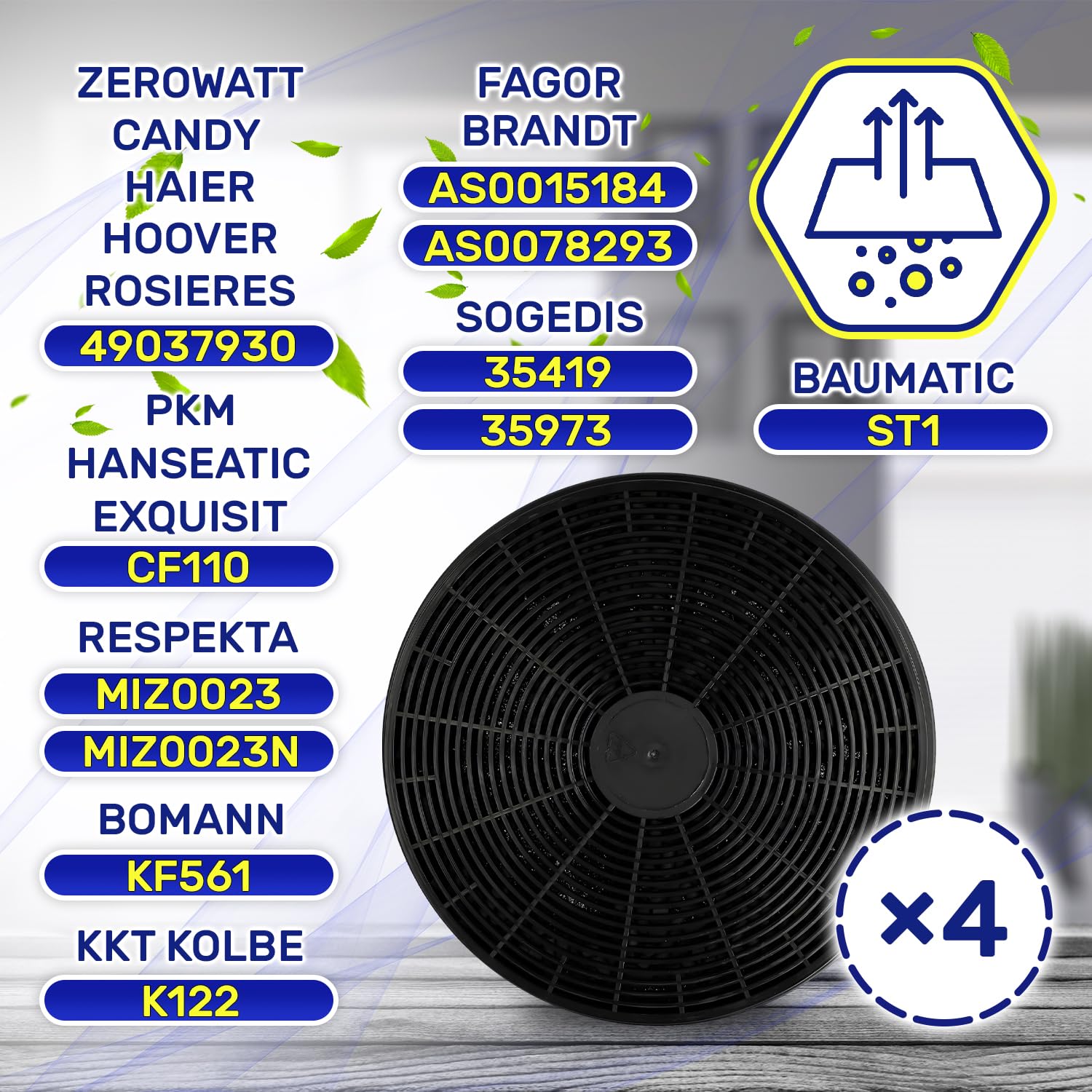 4 Stück Aktivkohlefilter Dunstabzugshaube Ø 175 mm H 35 mm 49037930