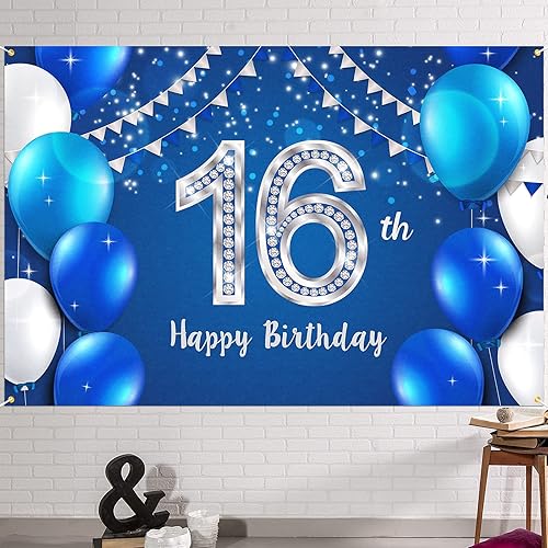HAMIGAR Fondo de pancarta de feliz cumpleaños número 16 de 6 x 4 pies, decoraciones de cumpleaños de 16 años, suministros de fiesta para niñas y