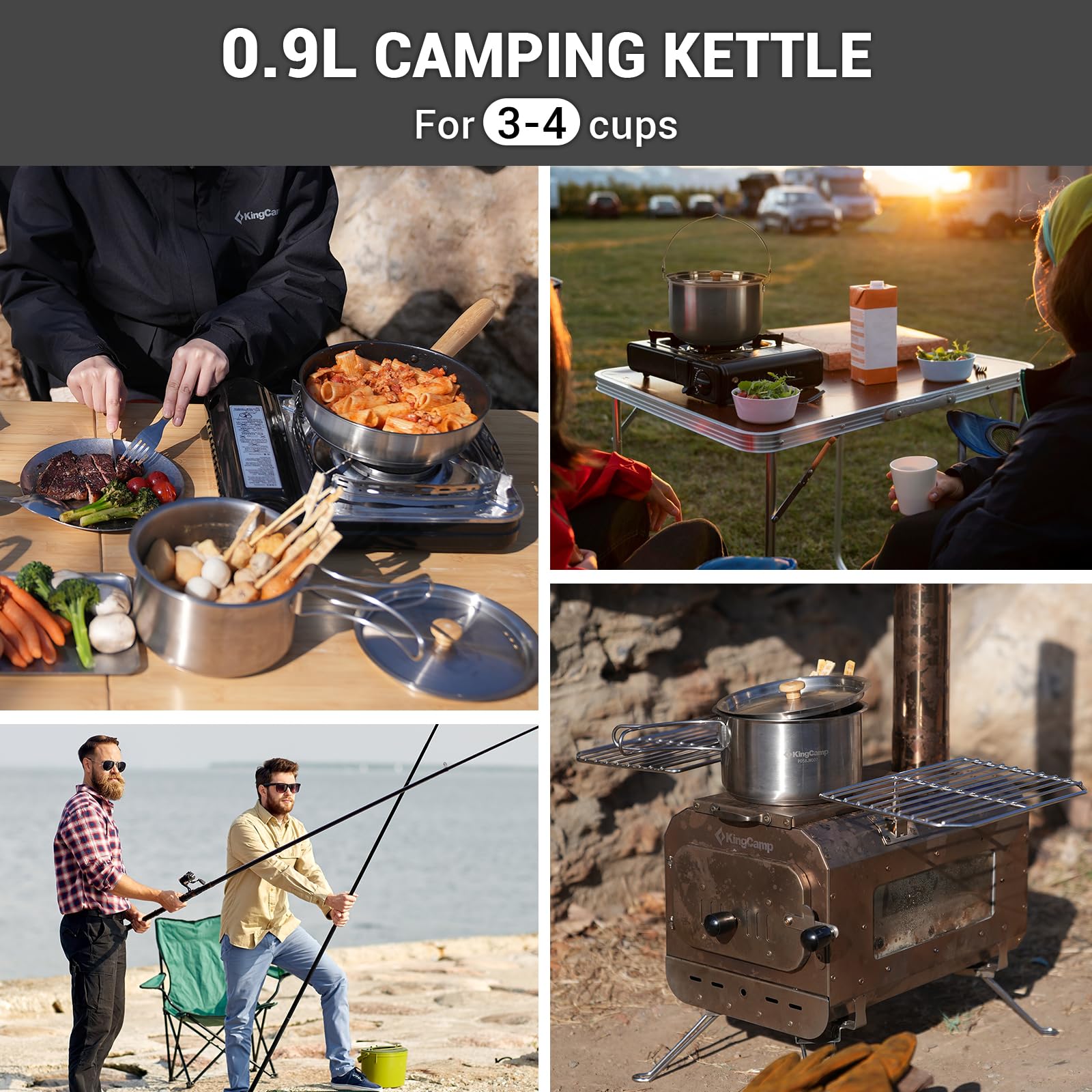 KingCamp Camping-Kochgeschirr-Set, 304 Edelstahl, Lagerfeuer, Kochtöpfe, Pfanne und Wasserkocher mit Reisetasche, für Camping, Outdoor, Küche, Kochen, Picknick für 4–6 Jahre | Tragbare stapelbare Lagerfeuer Kochtöpfe Pfanne und Wasserkocher mit Reisetasch