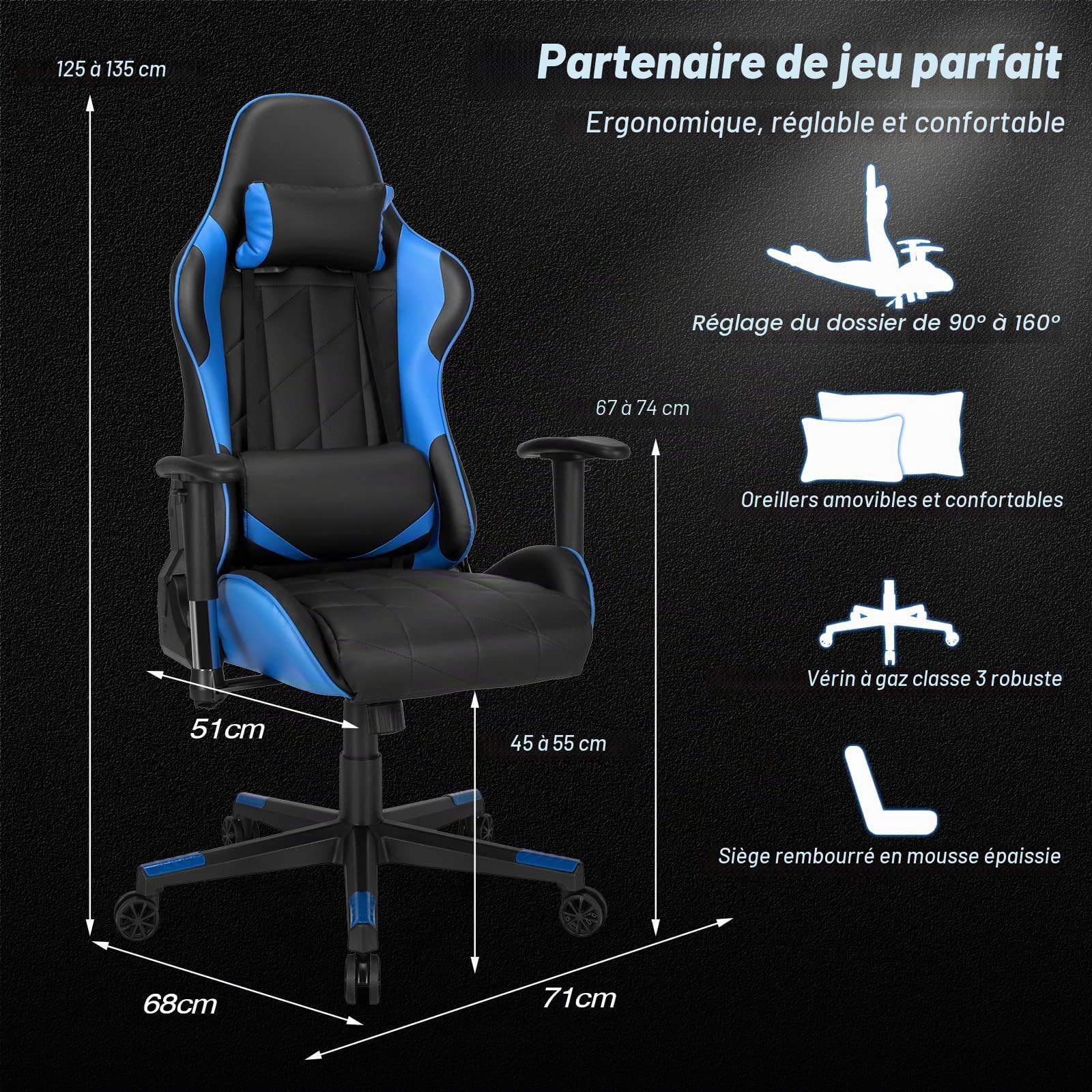 GIANTEX Chaise Gaming Ergonomique Réglable avec d'Appuie-Tête Oreiller Lombaire, Fauteuil Gamer avec Dossier, Siège, Accoudoirs Réglables, Charge de 150 KG (Bleu)