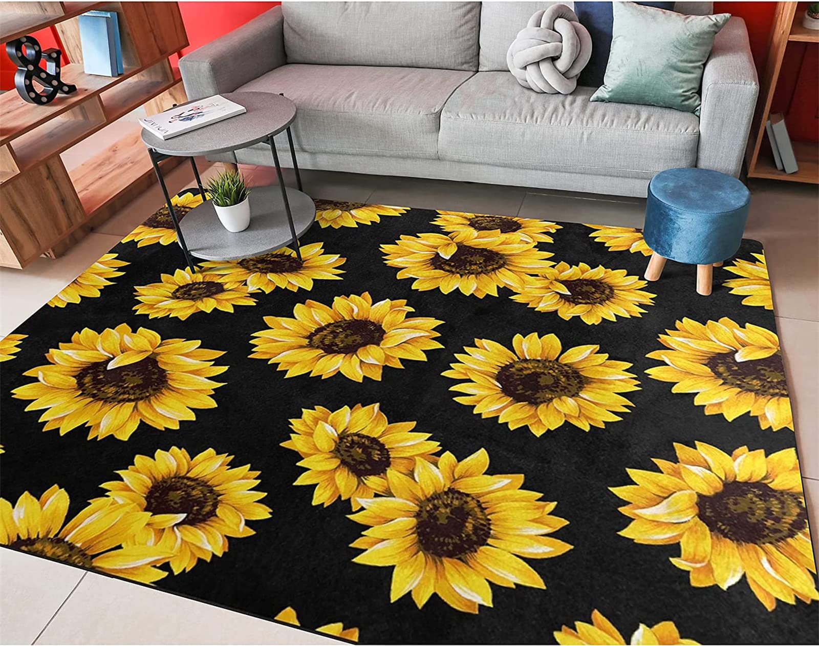 Sunflower Area Rug, 4x6ft, Vintage Yellow Sunflower Print Rugs, Modern Floral Living Room Decor Non Slip Carpet for Living Room Bedroom Dining Room