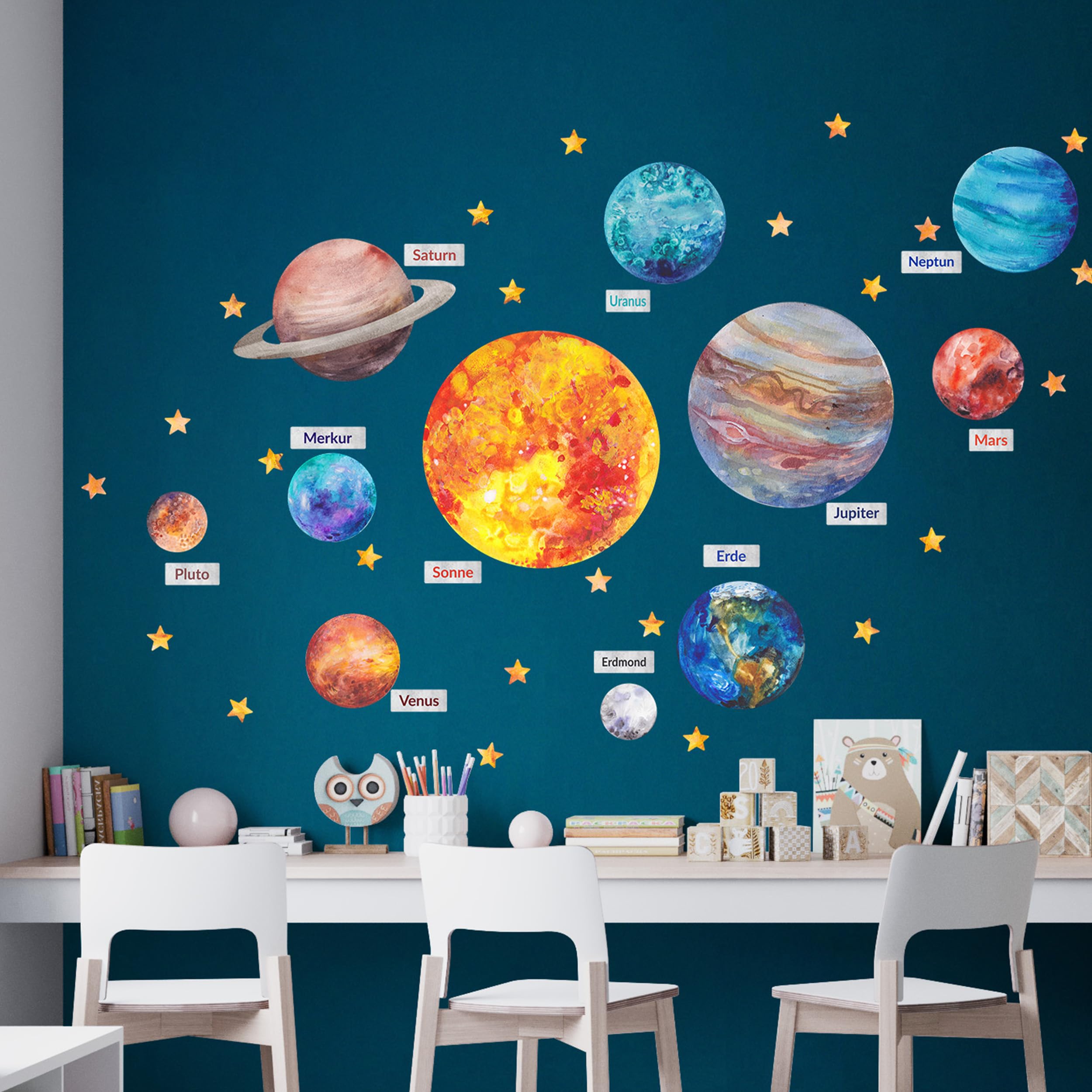 Decotia Aquarell Sonnensystem Große Wandtattoos für Kinder, Große Wandaufkleber Planeten, Kinderzimmer, Wandsticker, Wand Dekor Set Selbstklebend (L)