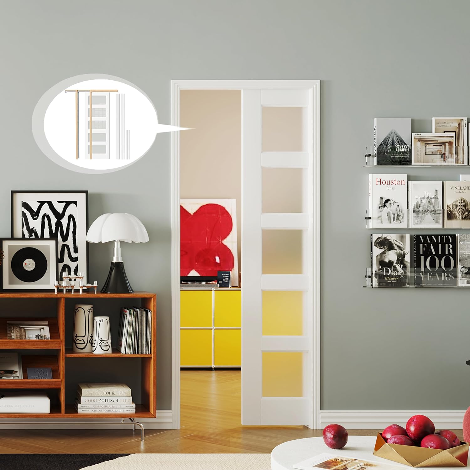 Pocket Door 28" x 80", 5-Lite Frosted Glass Pantry Door Panel with Frame and Hardware Kit Set Plus Door Jamb, Single Interior & Closet Door Slab for Sliding Door, Door Panel Assembly Required