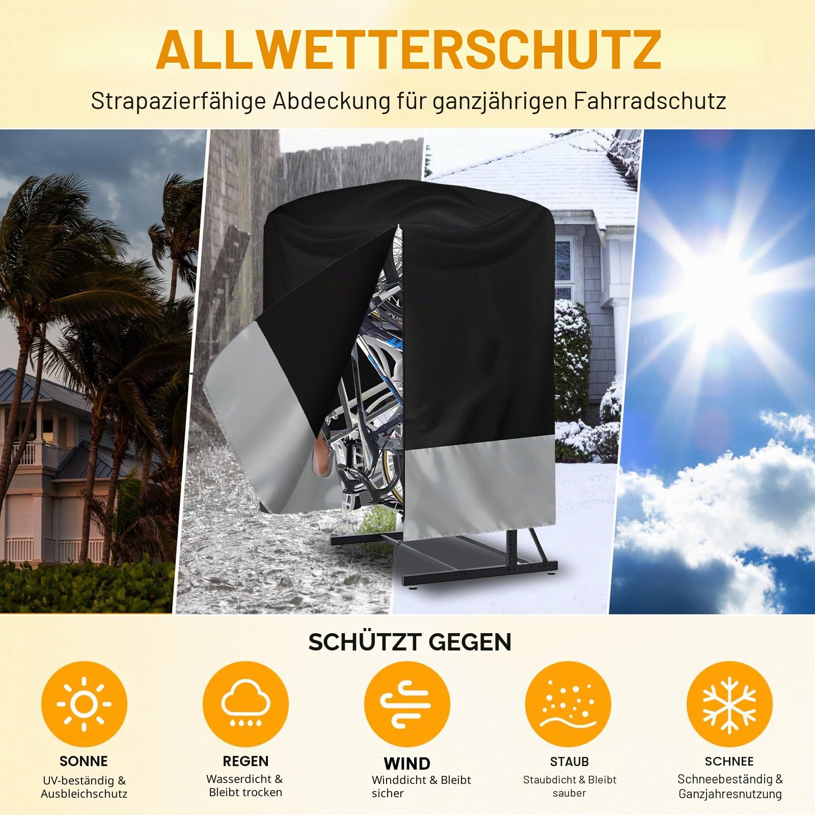 Fahrradabdeckung Wasserdicht Fahrradgarage 420D Oxford-Stoff Fahrradplane | Outdoor-Schutz vor Sonne, Regen und Schnee für 5-8 City-, Mountain-, Elektro- und Tandemfahrräder