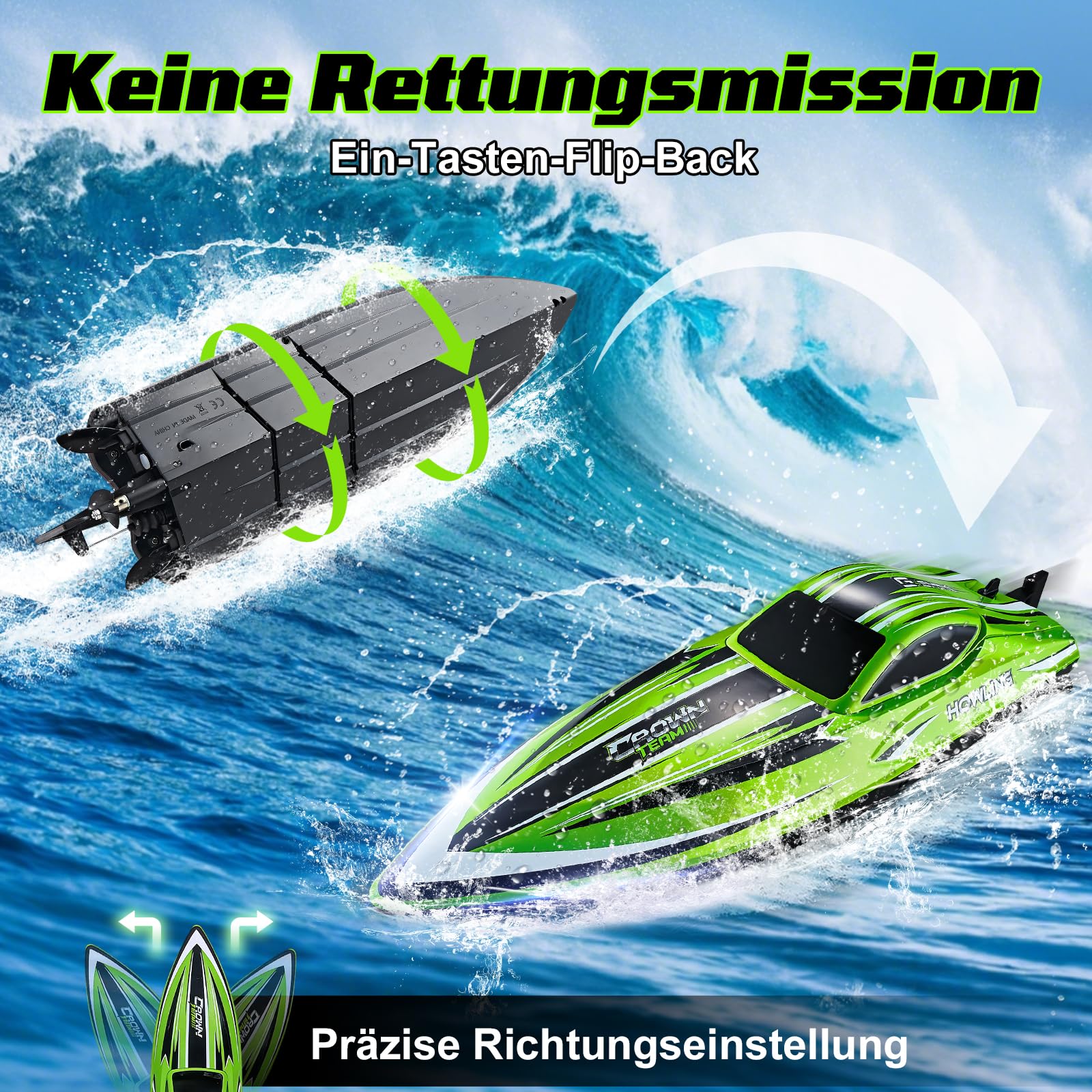 Ferngesteuertes Boot, 55KM/H RC Boot ferngesteuert mit Bürstenloses | 2,4 GHz speedboot ferngesteuert, Motorboot ferngesteuert kinder ab 6 8 jahre 3S-Batterie, LEDs, Selbstaufrichtung,