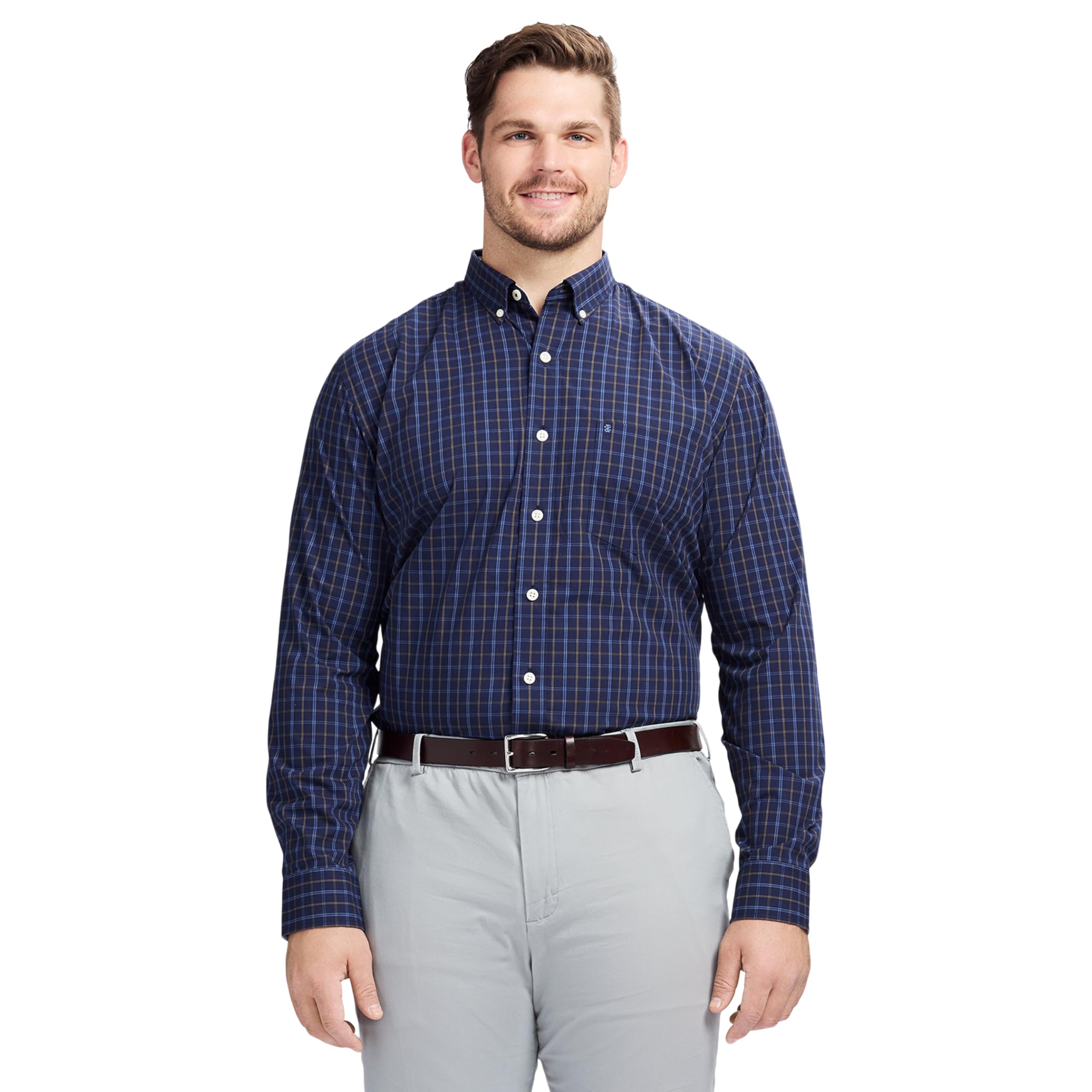 IZOD Men's Big and Tall Performance Comfort Long Sleeve Gingham Button Down Shirt