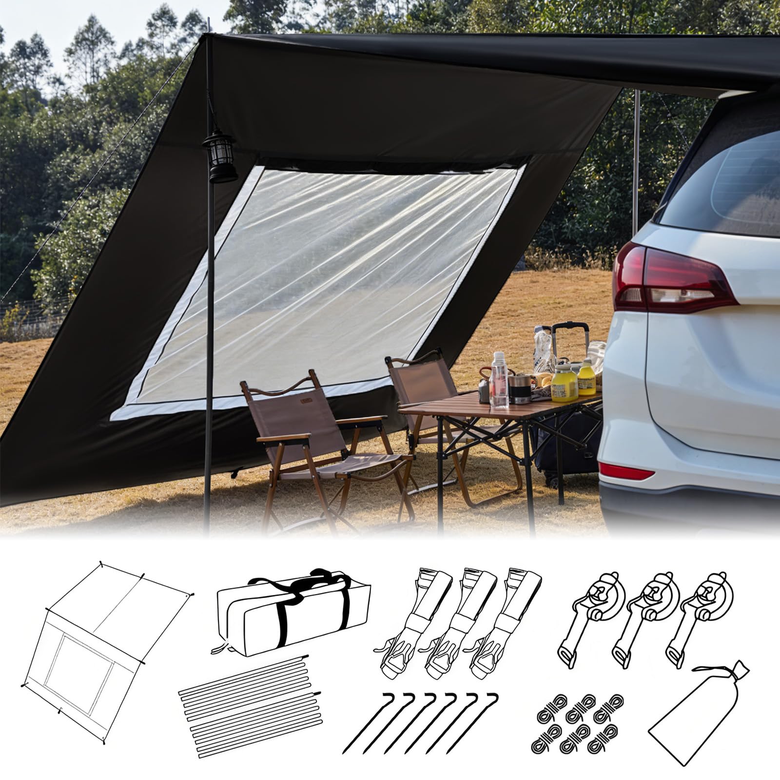 Auvent de camping imperméable et protection solaire pour van - 2,9 x 4,8 m - Avec poteau - Noir