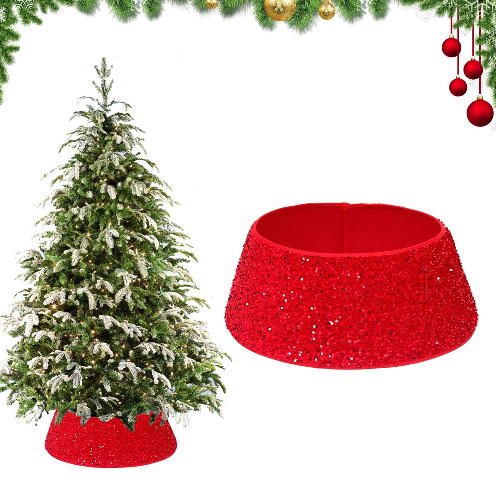 Bekecidi Falda del Árbol de Navidad con Purpurina Roja - Cubierta de la Base del Árbol de Navidad - Anillo Decorativo para Adornos de Fiesta en el Hogar de Vacaciones