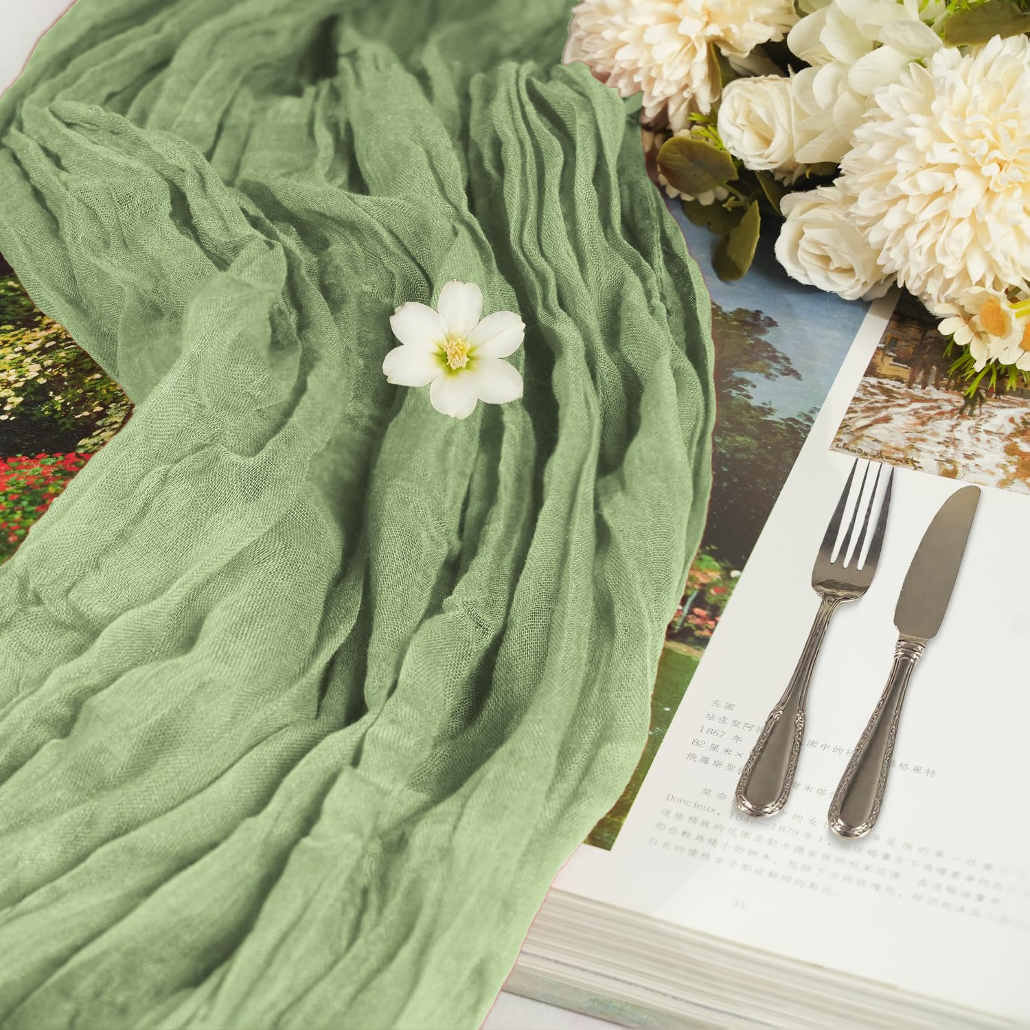 Confezione da 16 runner da tavola in garza bohémien, 50,8 x 304,8 cm, decorazione da tavolo per matrimoni, addio al nubilato, feste di compleanno, runner lungo romantico (verde salvia)