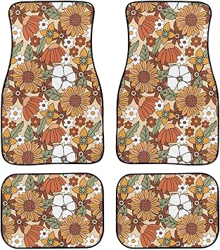 Boho Cottagecore Daisy Hippie Flower Print Car Floor Mats Set of 4 Universal Fit Most Truck SUV Van Auto Interior Accessories for Women Girl Vehicle Decor All Weather Protection